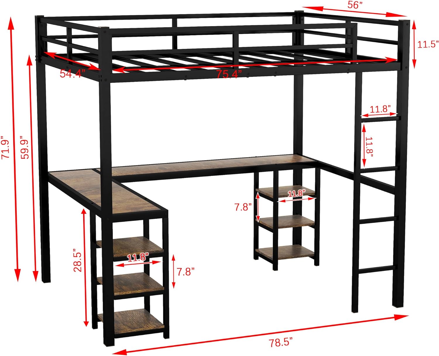 Full Metal Loft Bed With Desk And Shelves, Loft Bed Frame With Built-In Ladders And Guardrails For Teens & Adults, No Box Spring Needed（Black）