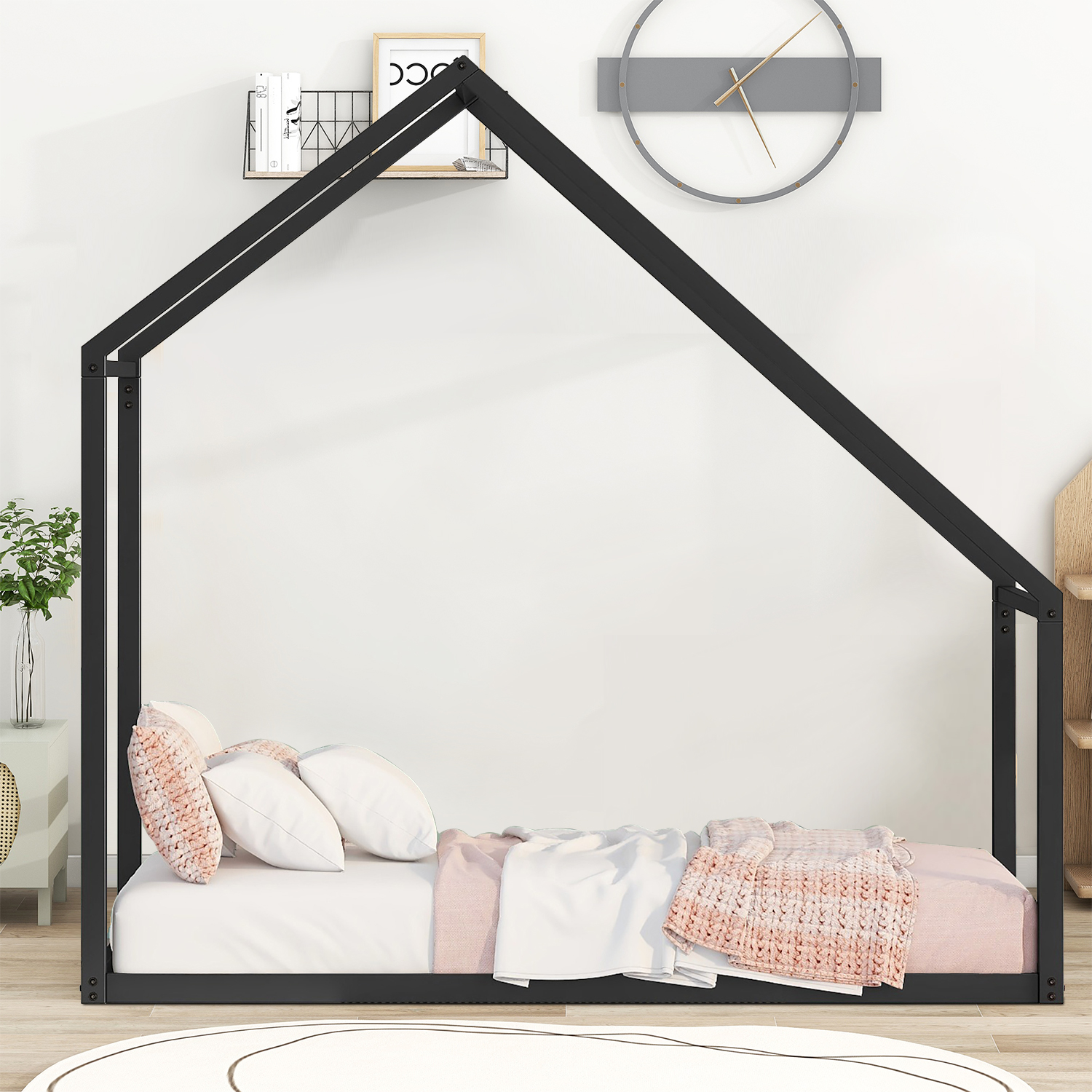 Modern Floor-standing Twin Size House Bed with Metal Frame, Black