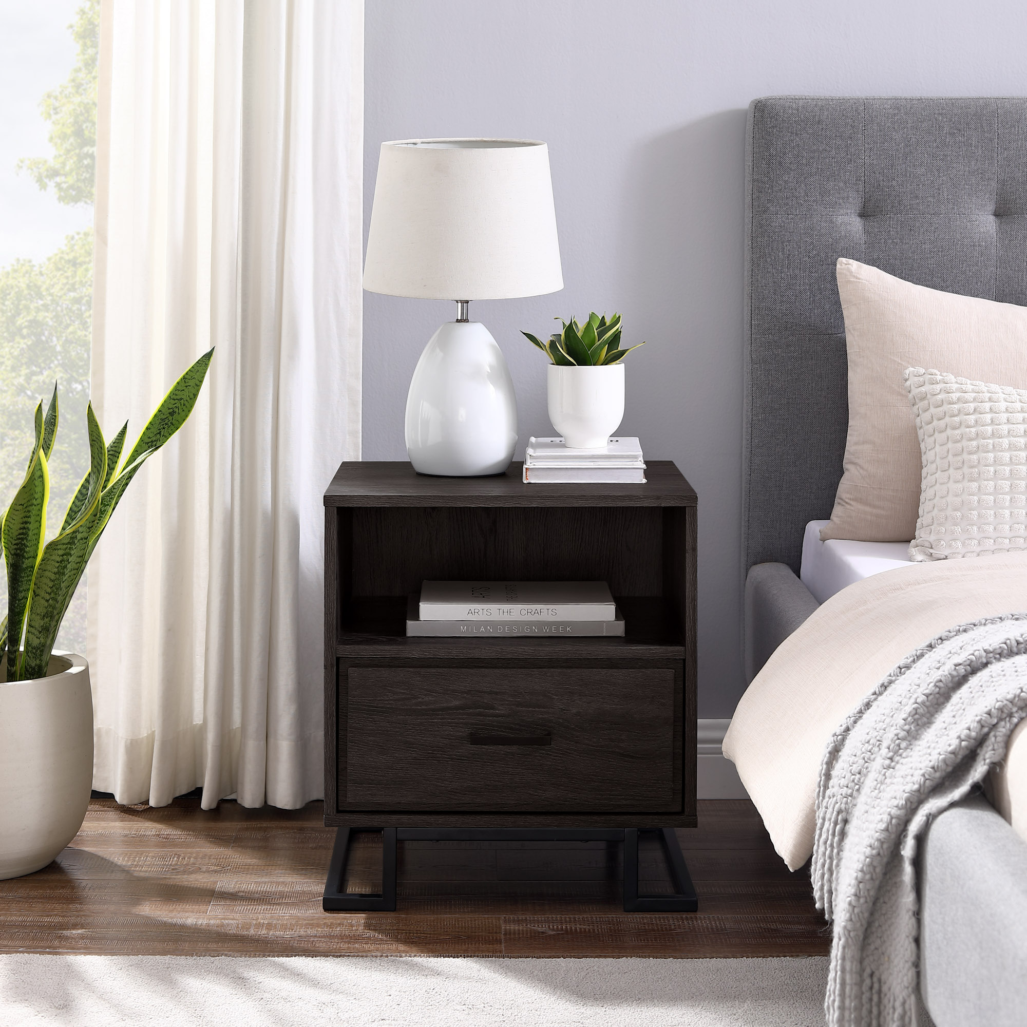 Walker Edison 20” Contemporary Metal-Leg Open Cubby Nightstand, Charcoal