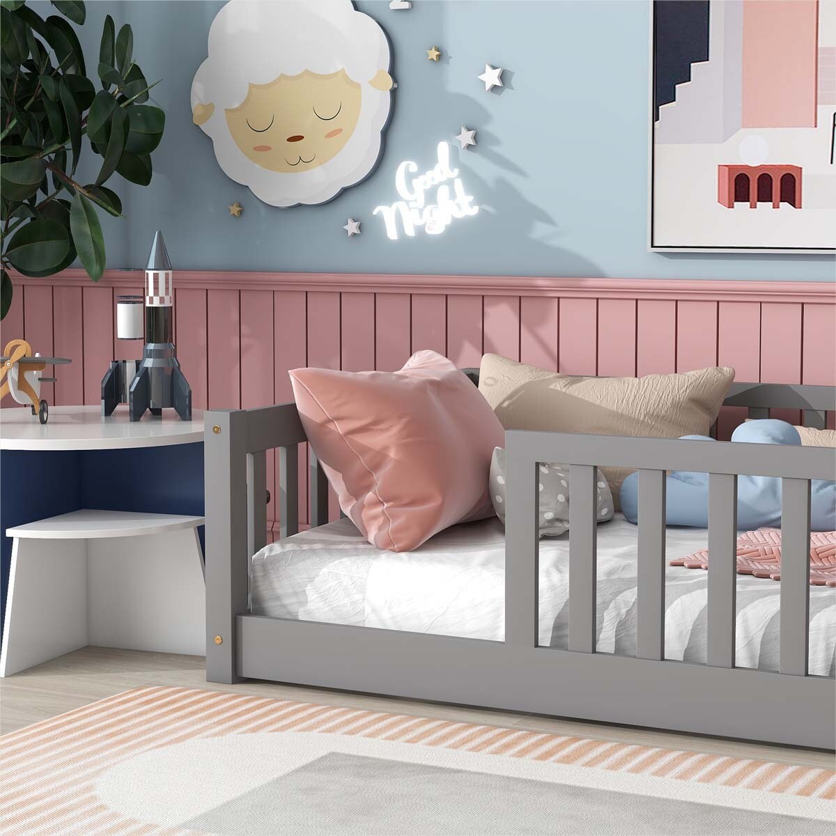 Twin Floor Platform Bed with Fence without Door Grey