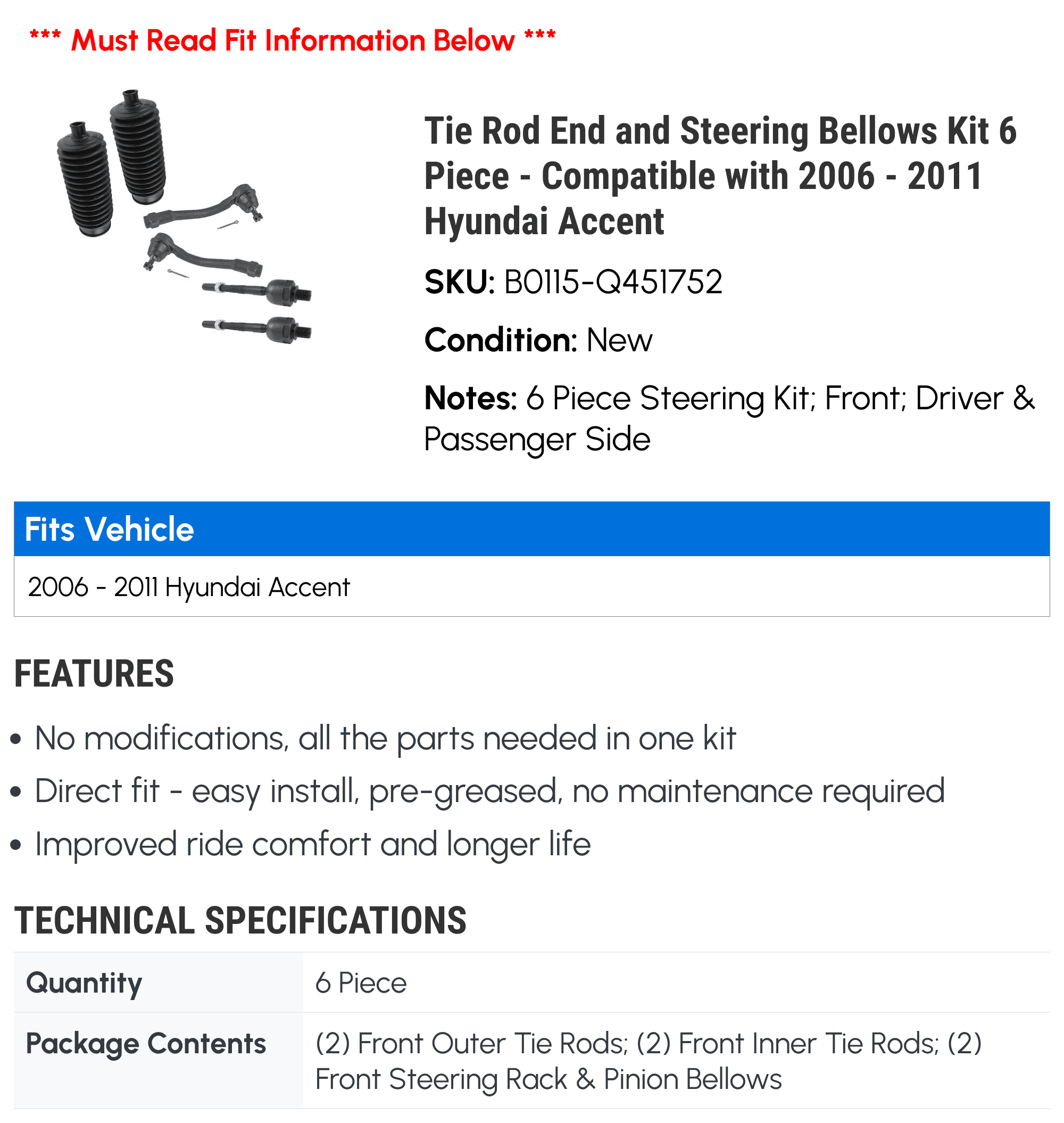 Tie Rod End and Steering Bellows Kit 6 Piece - Compatible with 2006 - 2011 Hyundai Accent 2007 2008 2009 2010