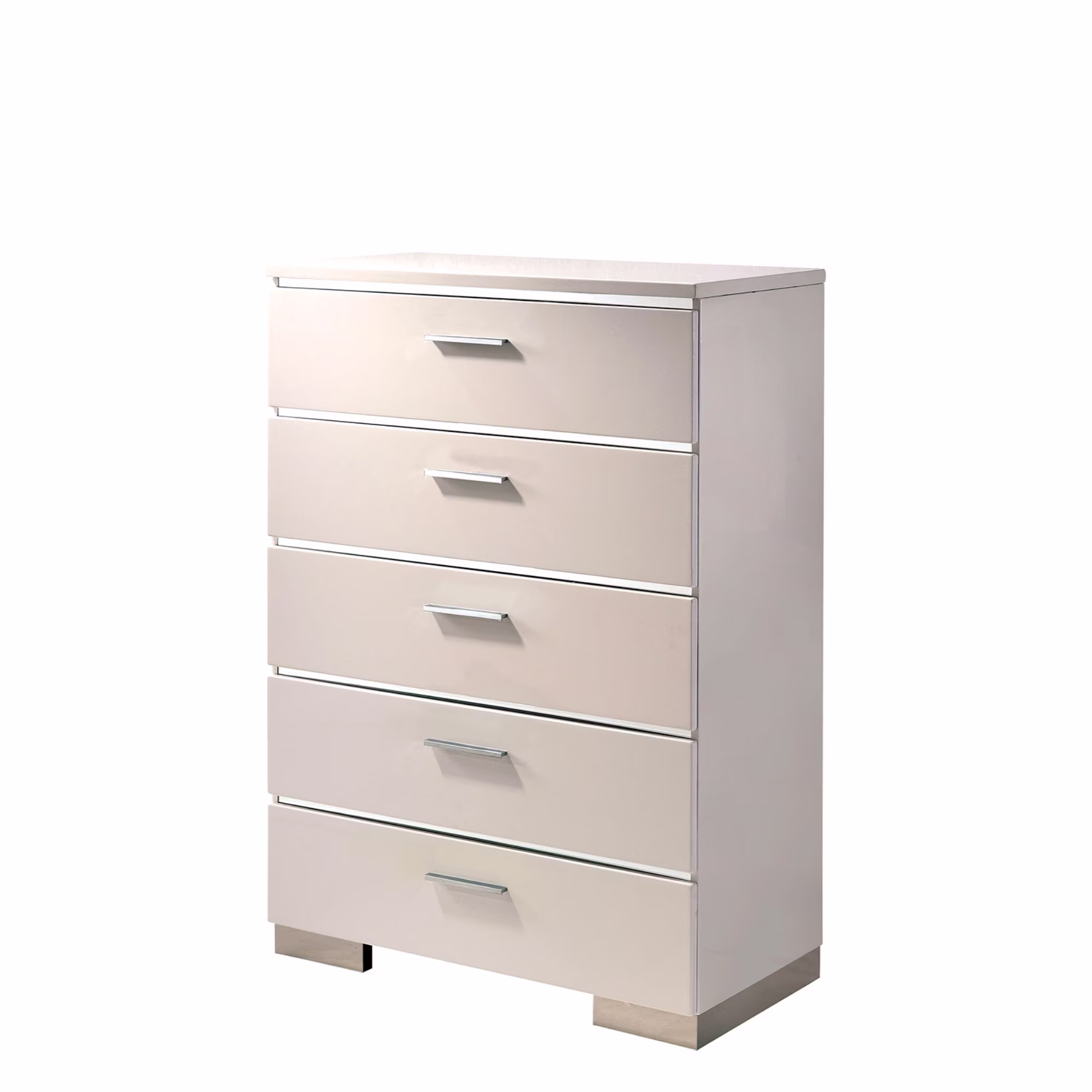 Wood and Metal Chest with 5 Drawers and Block Legs, White and Silver