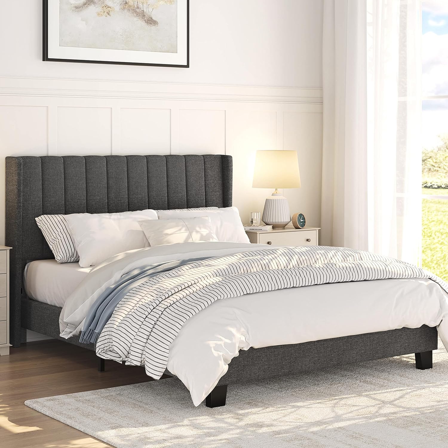 Queen Size Upholstered Platform Bed Frame, Mattress Foundation With Tufted Headboard And Wood Slat Support, No Box Spring Needed, Non-Slip Without Noise, Easy Assembly, Dark Gray