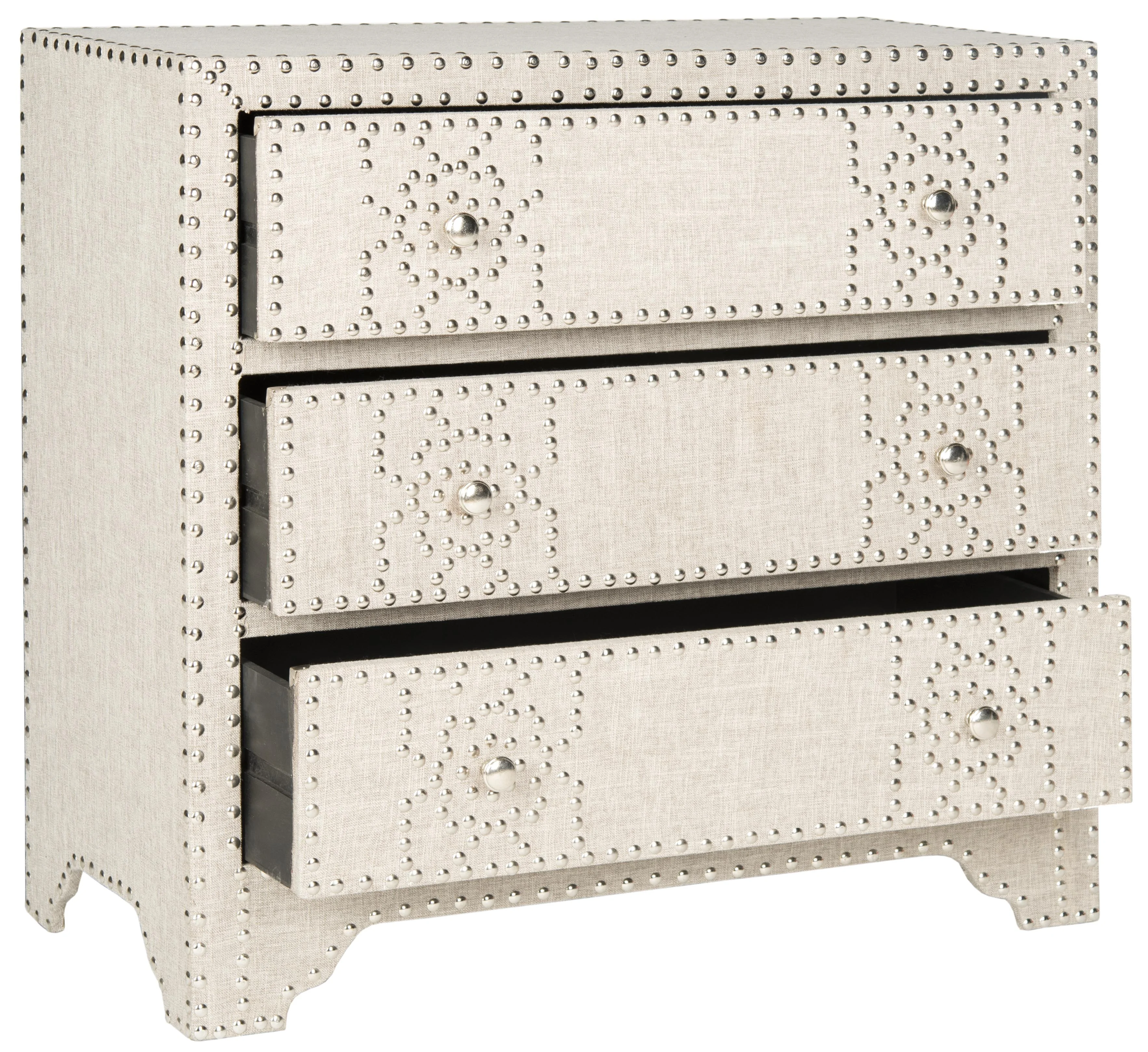 SAFAVIEH Gordy 3 Drawer Glam Chest, Grey/Silver Nail Heads