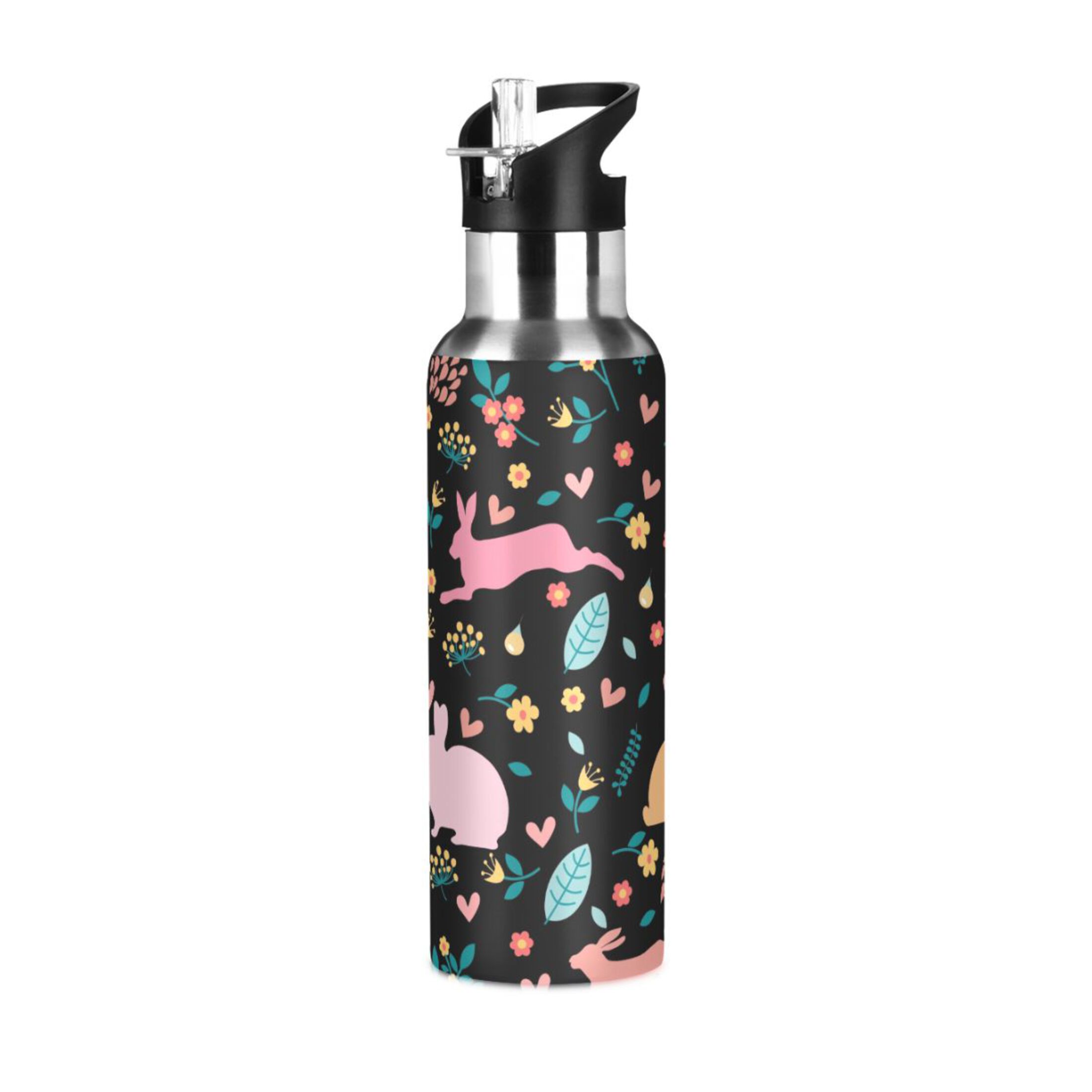 Stainless Steel Water Bottle Rabbits in Hearts Flowers with Straw Lid Vacuum Insulated Leak Proof Flask Jug for Gym Travel Sports Cycling Outdoor 20 OZ