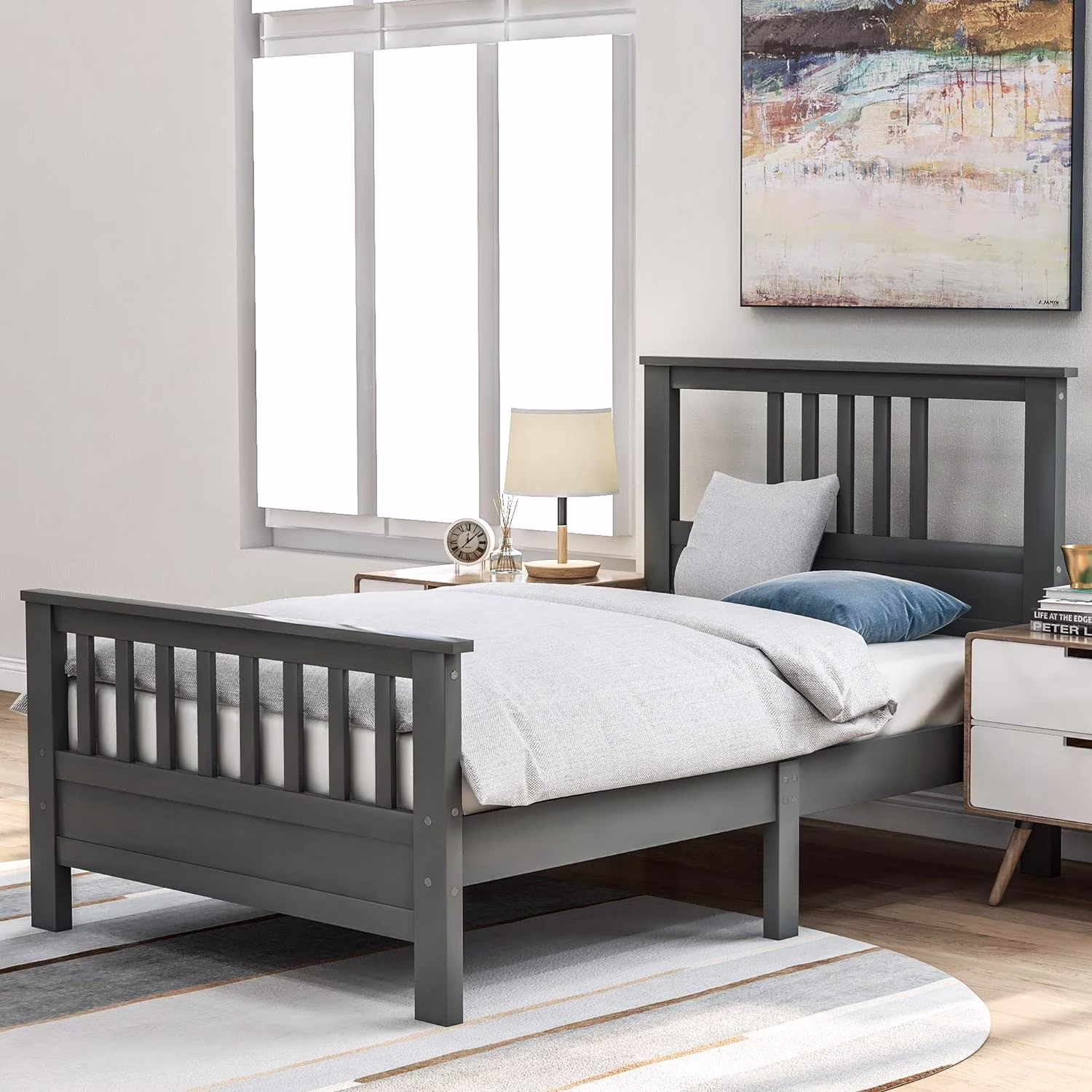 Size Bed Frame With Headboard And Footboard, Wooden Platform Bed Frame With Sturdy Slat Support, No Box Spring Needed (, Grey)