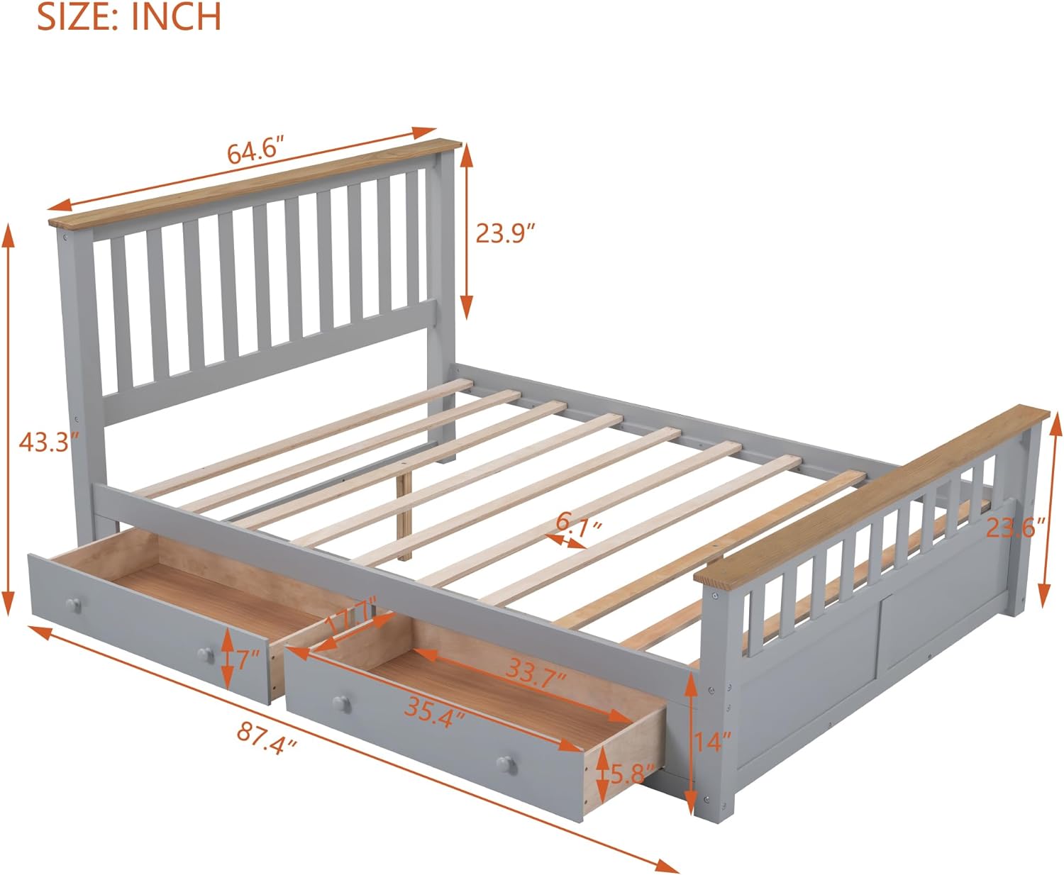 Queen Size Platform Bed With Two Storage Drawers, Wooden Storage Platform Bed With Headboard And Footboard, Drawers Can Be Placed Under Either Side, No Spring Box Needed, Gray+Natrual