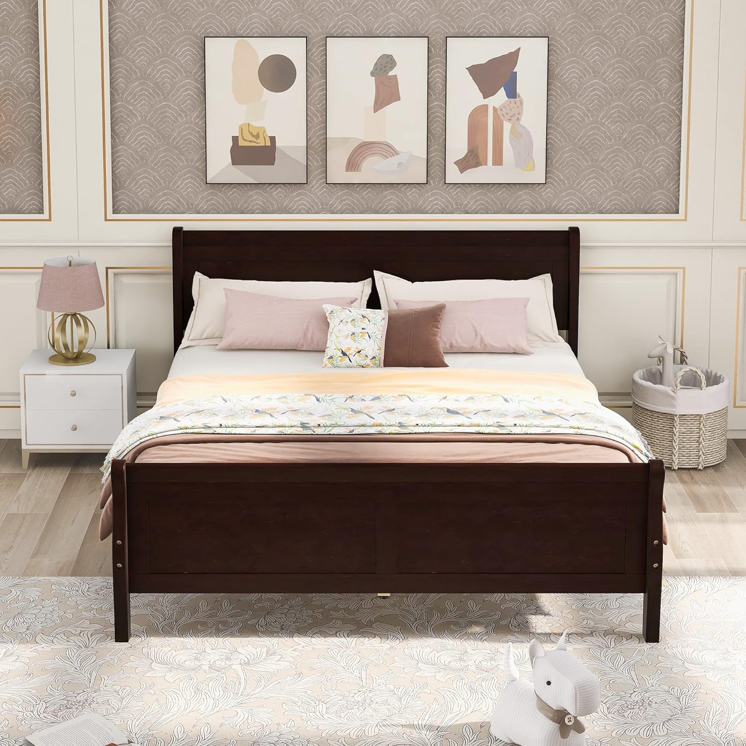 Woode Full Plaform Bed Full Bed Frame Wih Headboard Ad Fooboard, Sleigh Bed Wih Wood Sla Suppor (Full, Espresso)