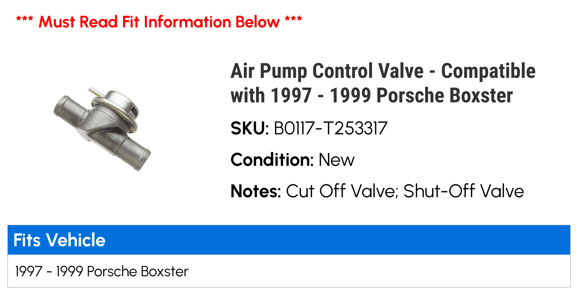 Air Pump Control Valve - Compatible with 1997 - 1999 Porsche Boxster 1998