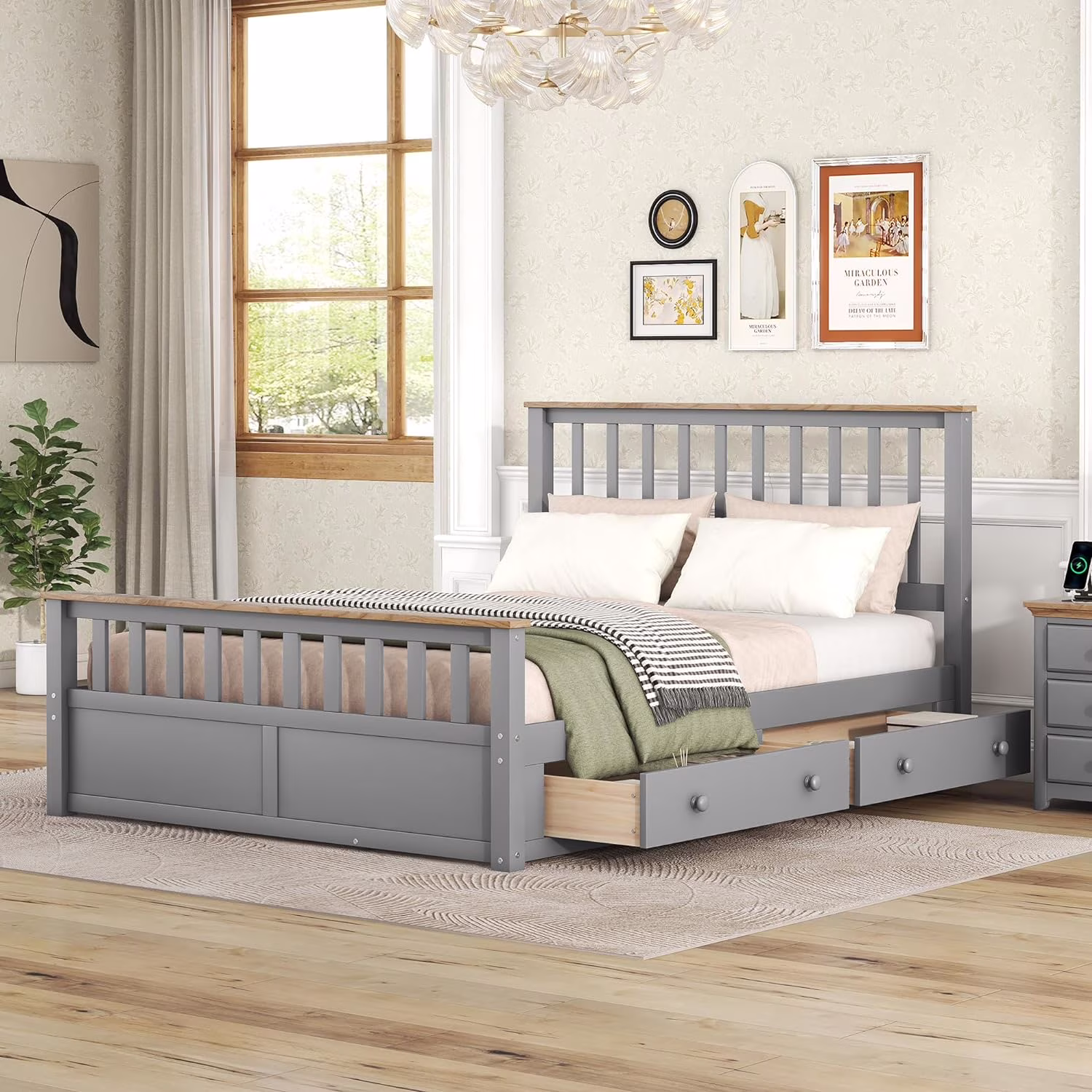 Queen Size Platform Bed With Two Storage Drawers, Wooden Storage Platform Bed With Headboard And Footboard, Drawers Can Be Placed Under Either Side, No Spring Box Needed, Gray+Natrual