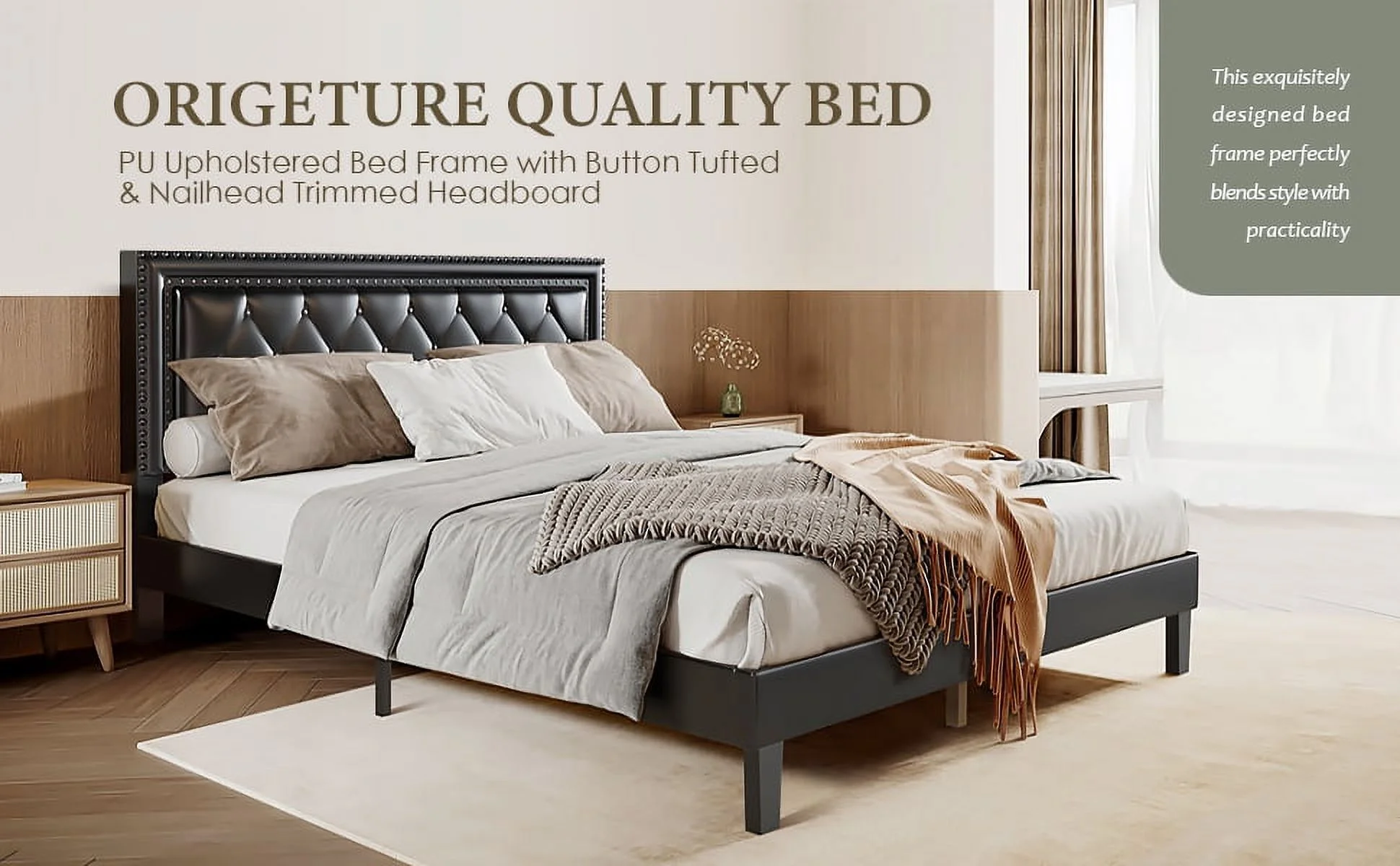 Walmeck Upholstered Platform Bed Frame Full Size Adjustable Headboard for Comfortable Sleep