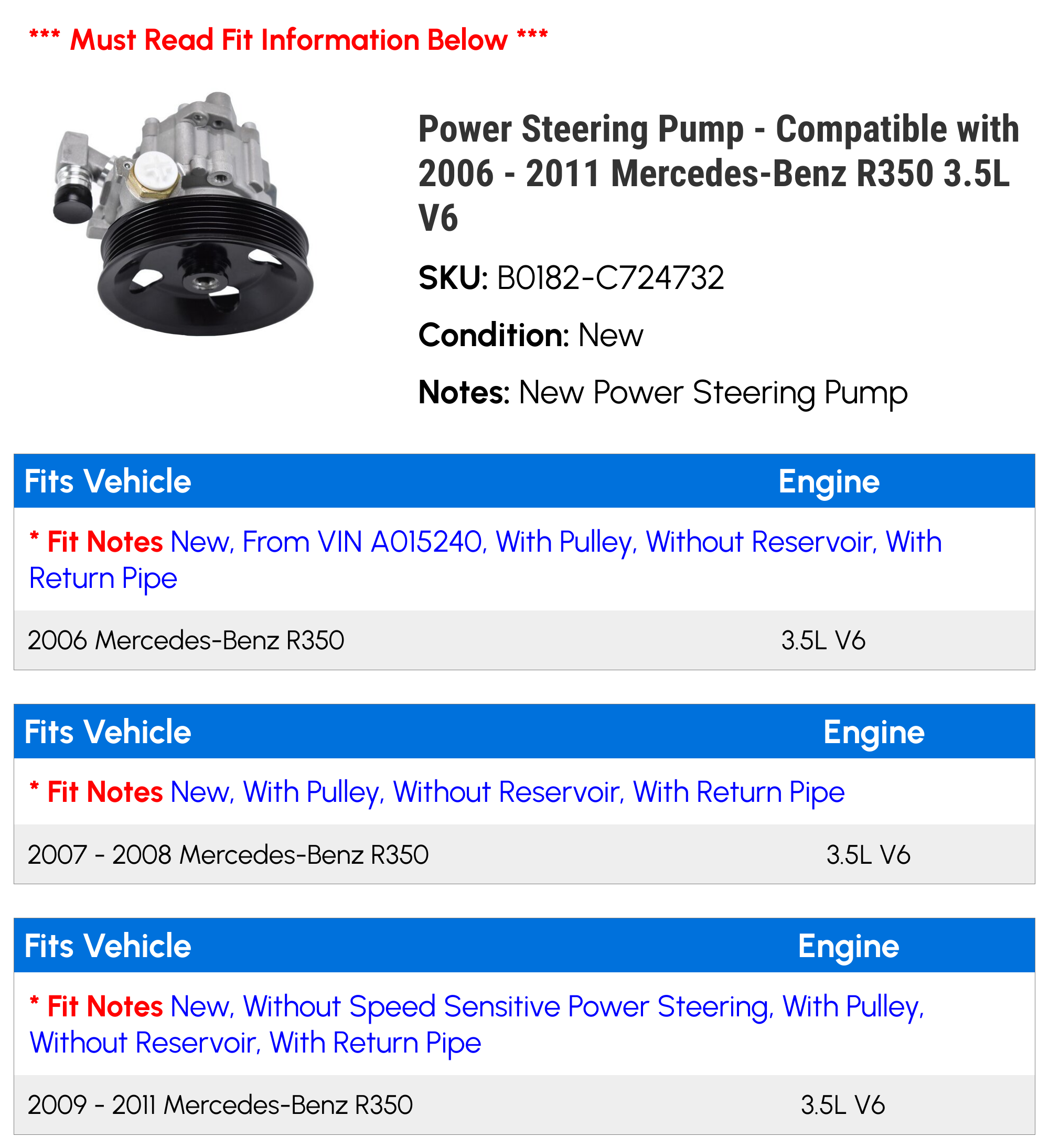 Power Steering Pump - Compatible with 2006 - 2011 Mercedes-Benz R350 3.5L V6 2007 2008 2009 2010
