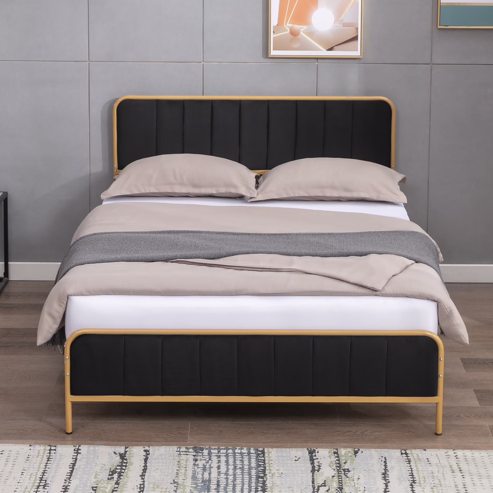 ijuicy King Size Metal Platform Bed Frame with Dutch Velvet Headboard, Clearance Bed Frame Upholstered Headboard, Metal Strip Support, Dark Grey