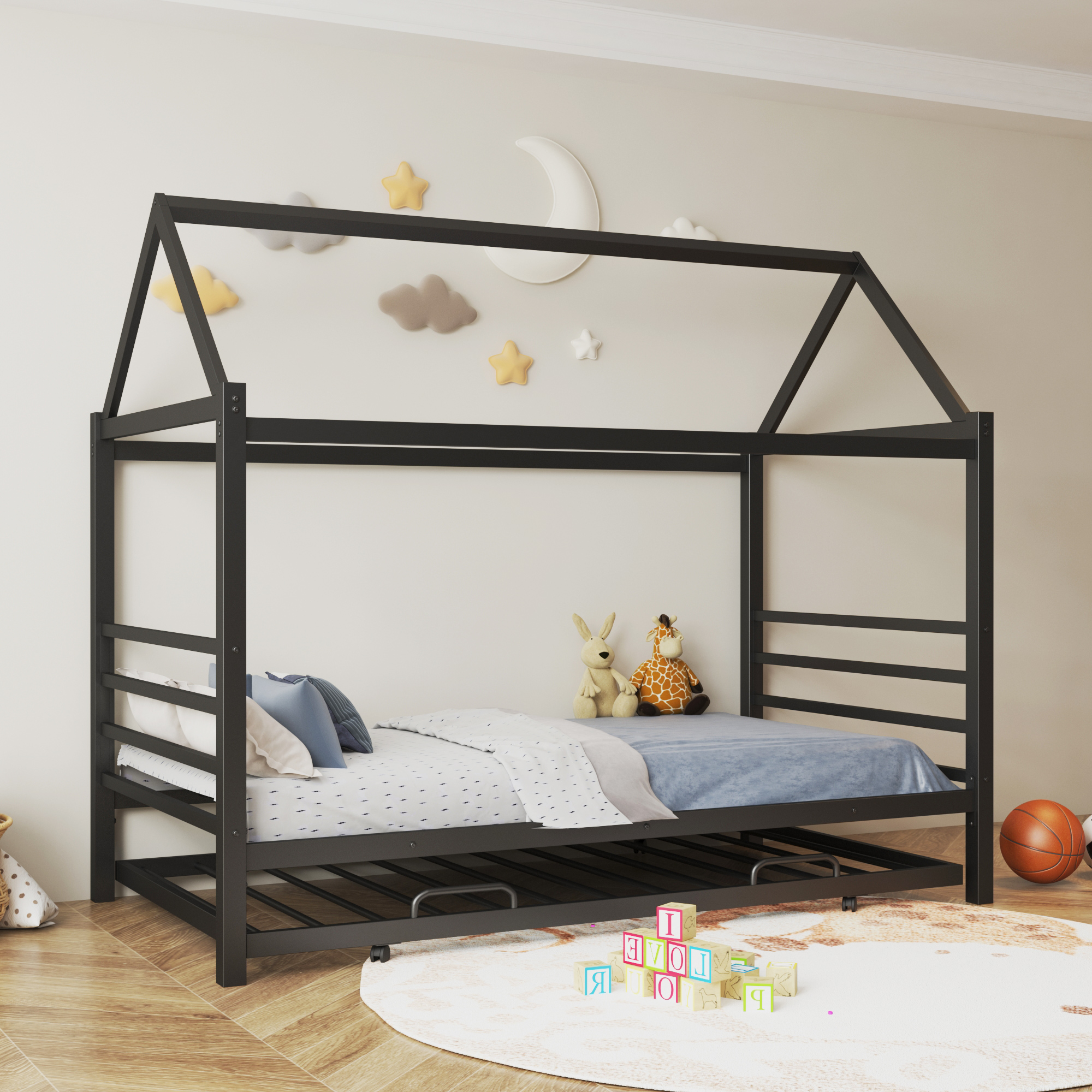 Holdolife Twin Size Metal House Shape Platform Bed with Trundle, Black