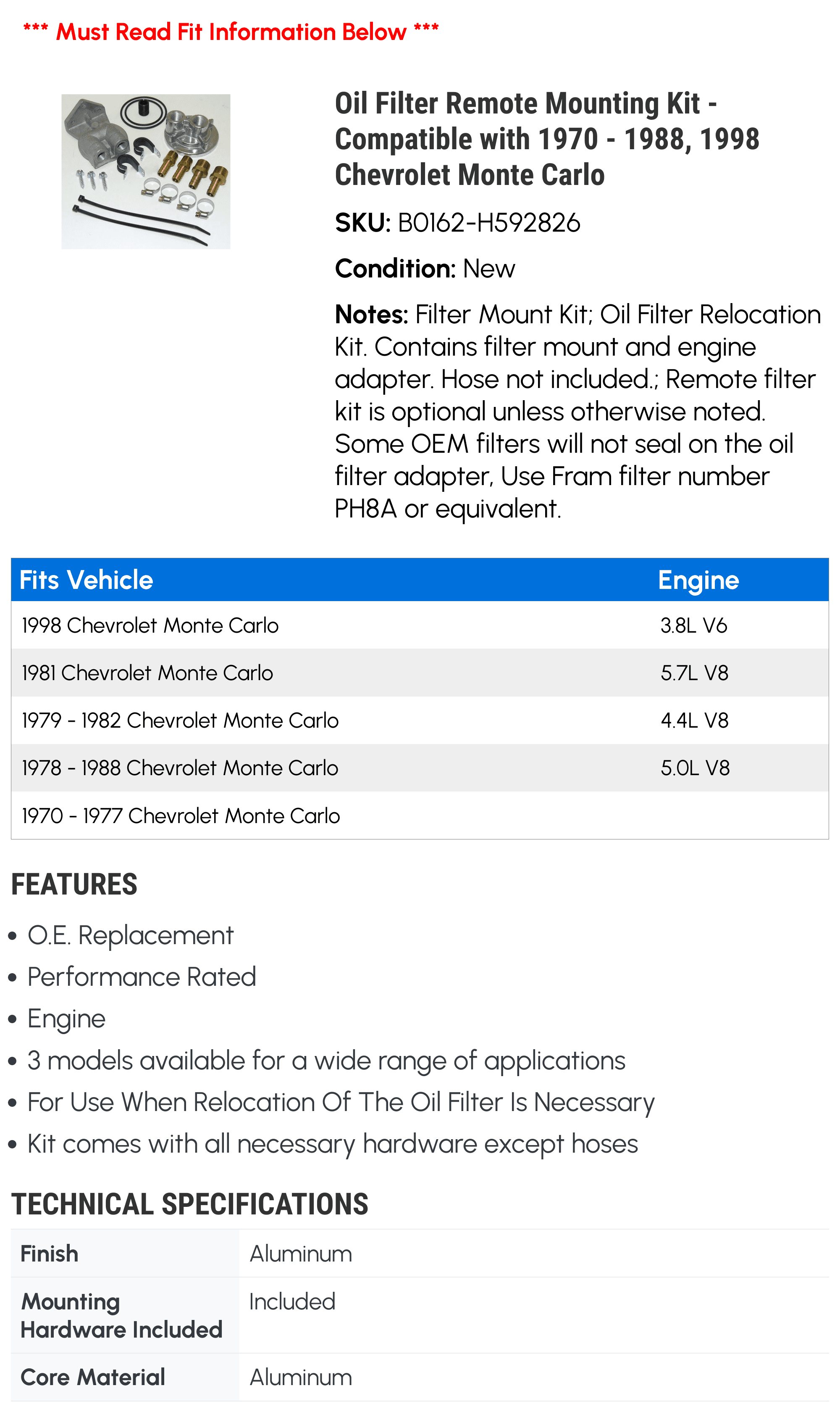 Oil Filter Remote Mounting Kit - Compatible with 1970 - 1988, 1998 Chevy Monte Carlo 1971 1972 1973 1974 1975 1976 1977 1978 1979 1980 1981 1982 1983 1984 1985 1986 1987