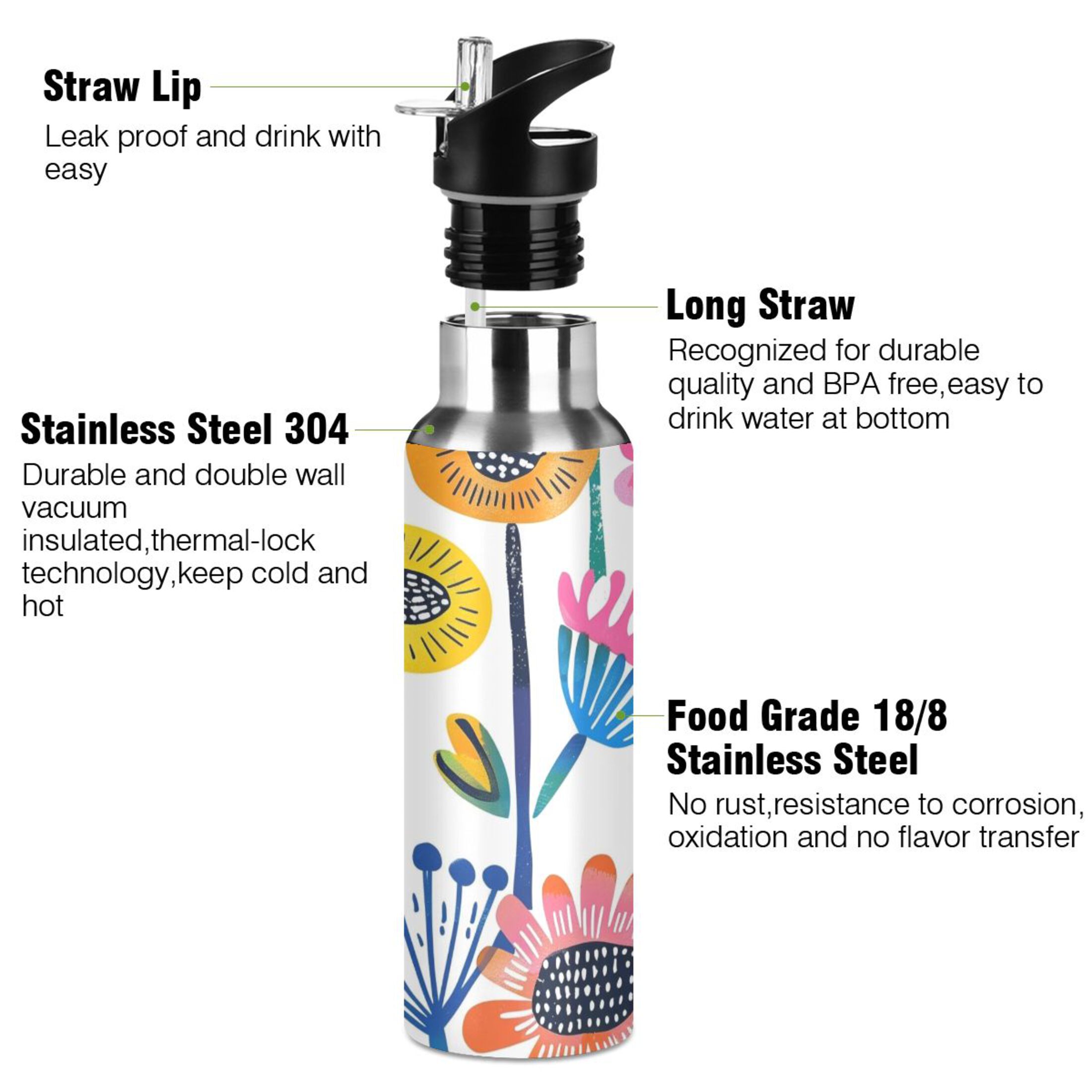 Flower Water Bottles Insulated Thermos Kids Stainless Steel Bottle with Straw Lid Flask Leakproof for Sports Gym 20 oz