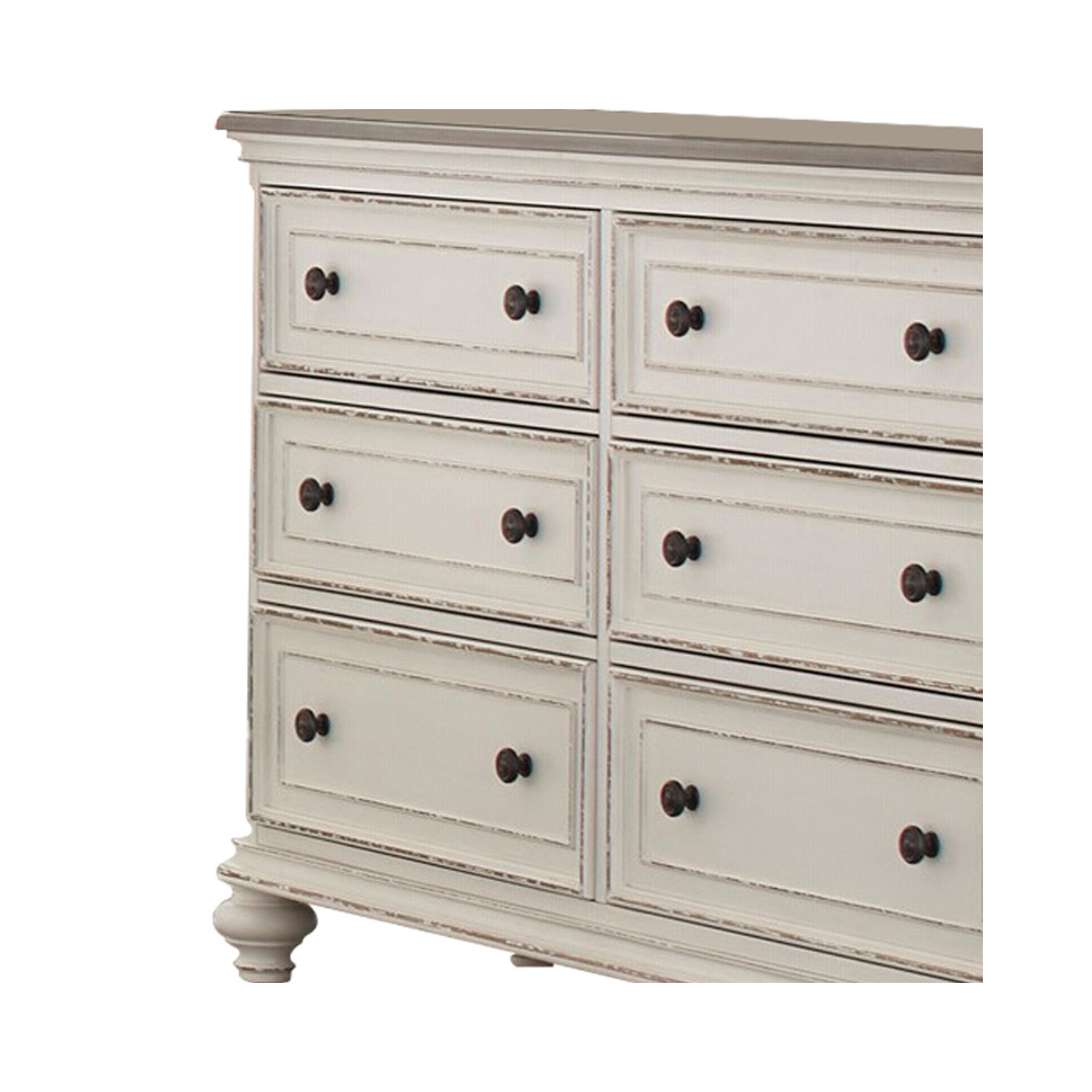 Benjara 6 Drawer Wooden Dresser with Distressed Detail, Antique White and Brown