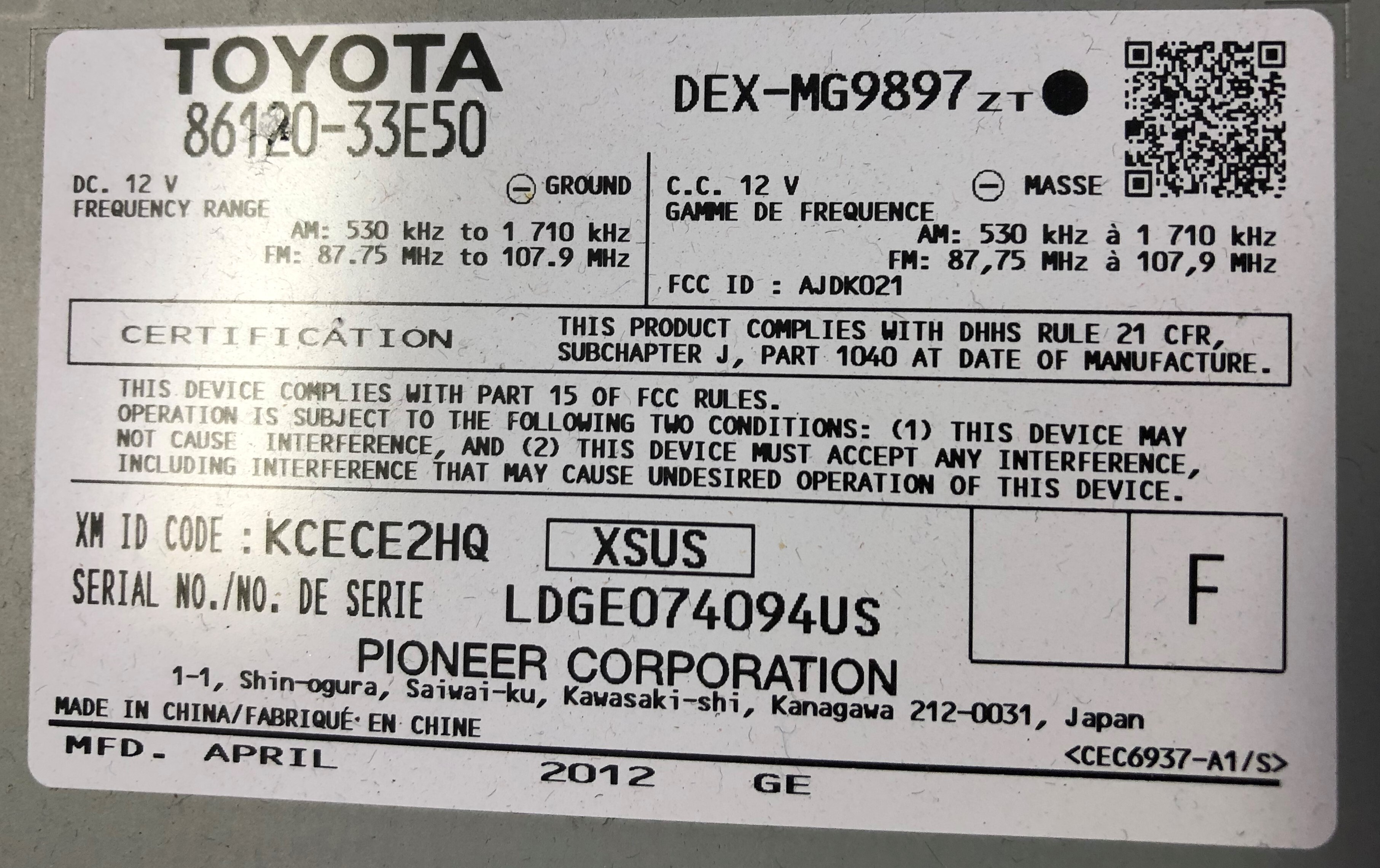 Pre-Owned 10-12 Lexus ES350 AM FM CD Player Radio Receiver Face ID P1867 OEM LKQ (Good)