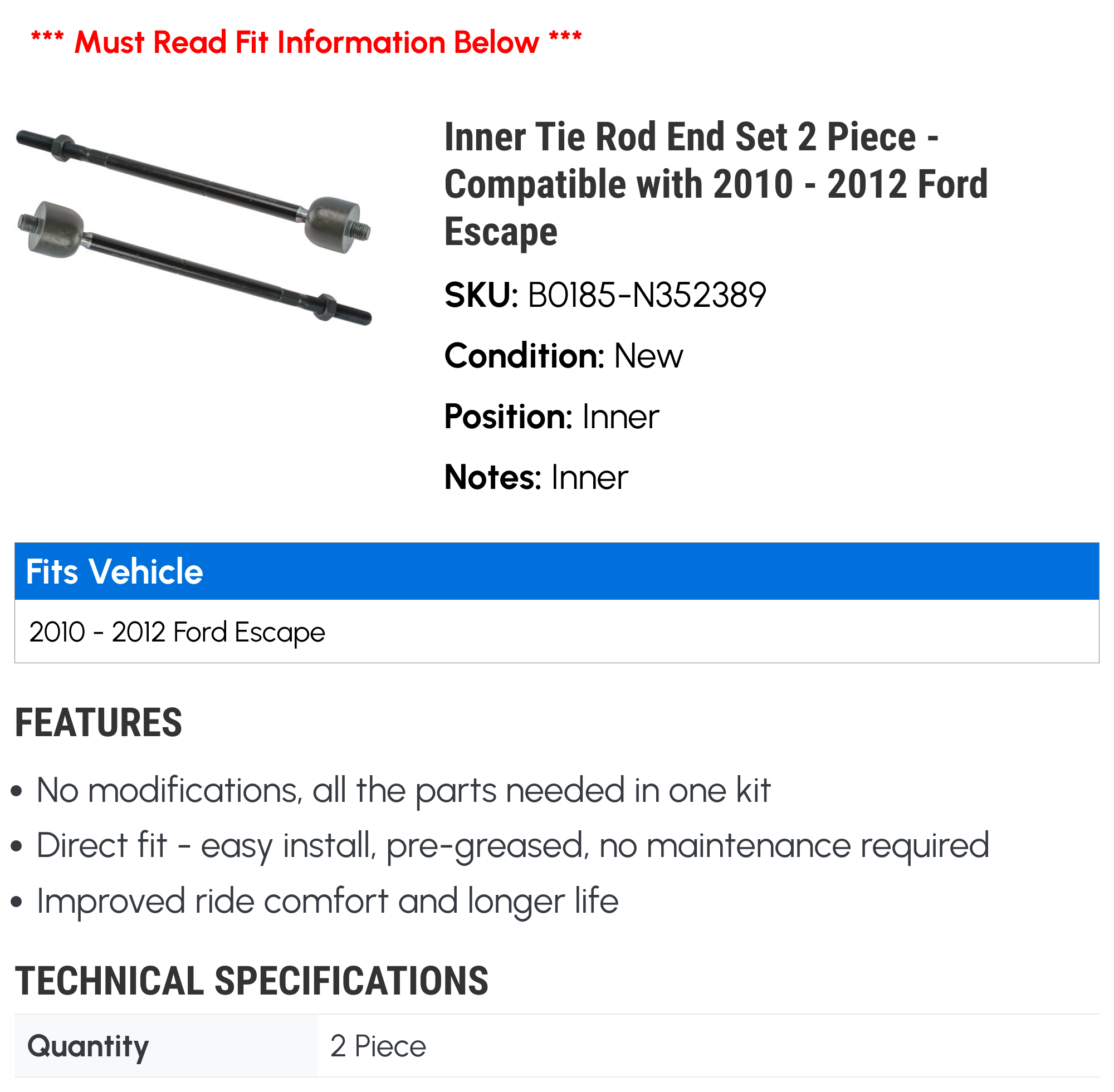 Inner Tie Rod End Set 2 Piece - Compatible with 2010 - 2012 Ford Escape 2011