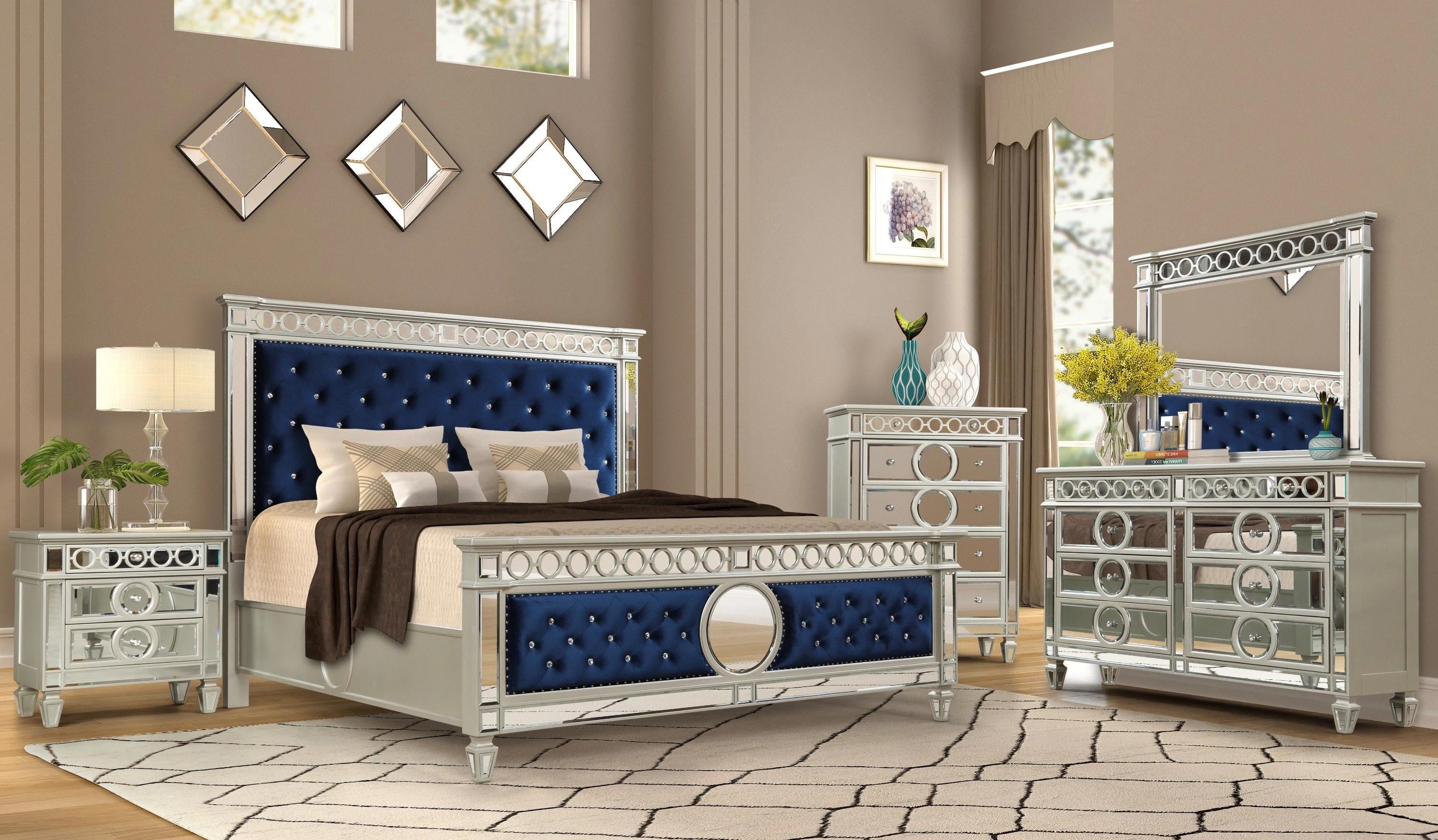 Blue Velvet & Mirror Accents King Bedroom Set 6Pcs McFerran B1688 Contemporary