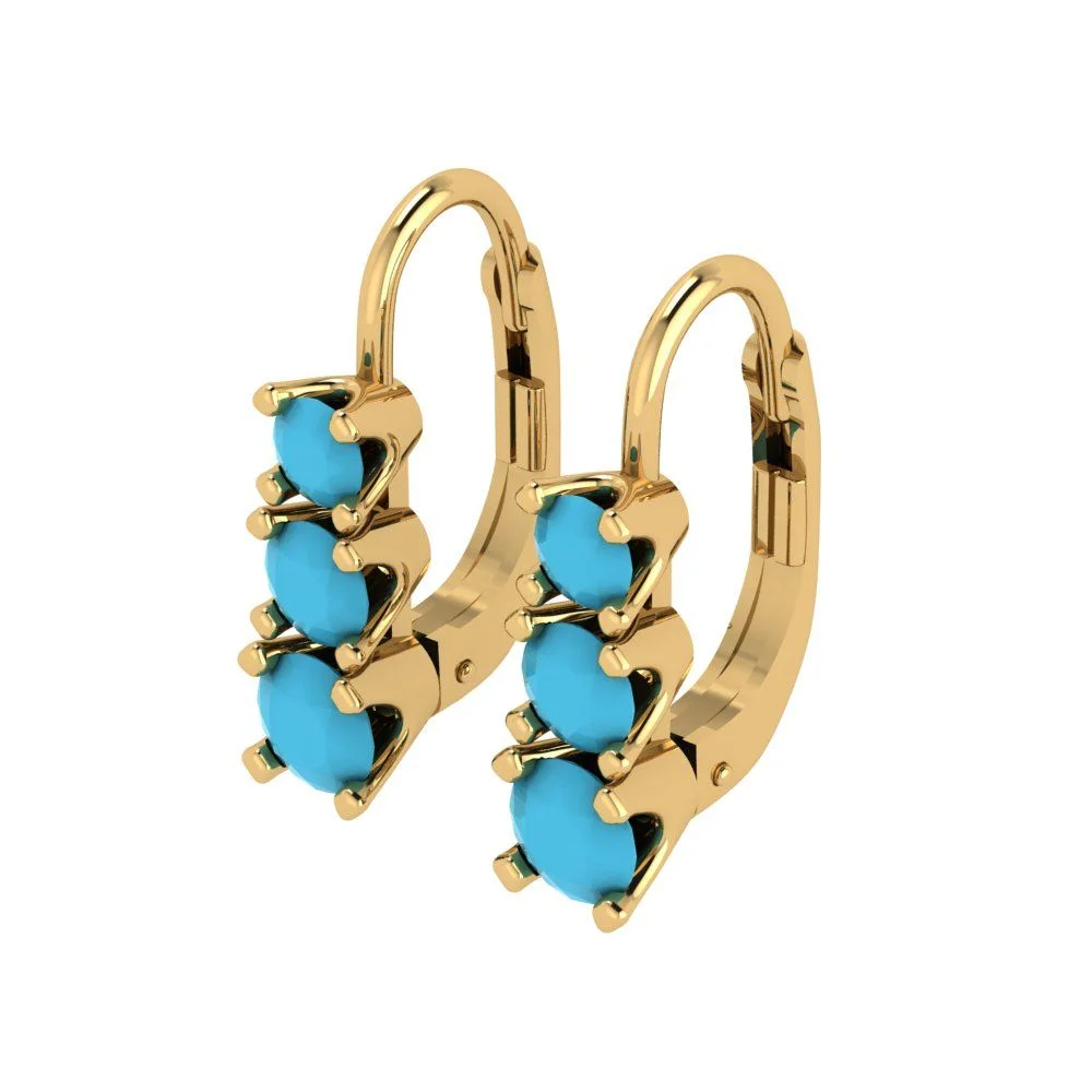 1.06 ct Brilliant Round Cut Drop Dangle Simulated Turquoise 18K Yellow Gold Earrings Lever Back