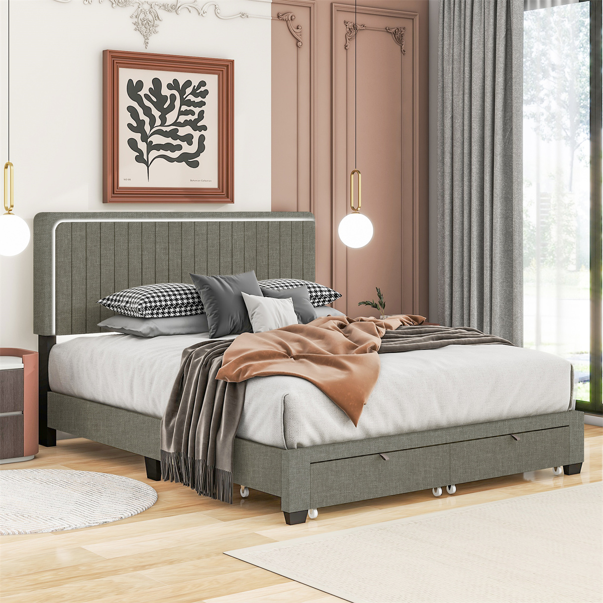 Queen Size Bed Frame with Adjustable Headboard, LED Design, Upholstered Vertical Channel Tufted Platform Bedframe with Wood Slats Support, No Box Spring Needed