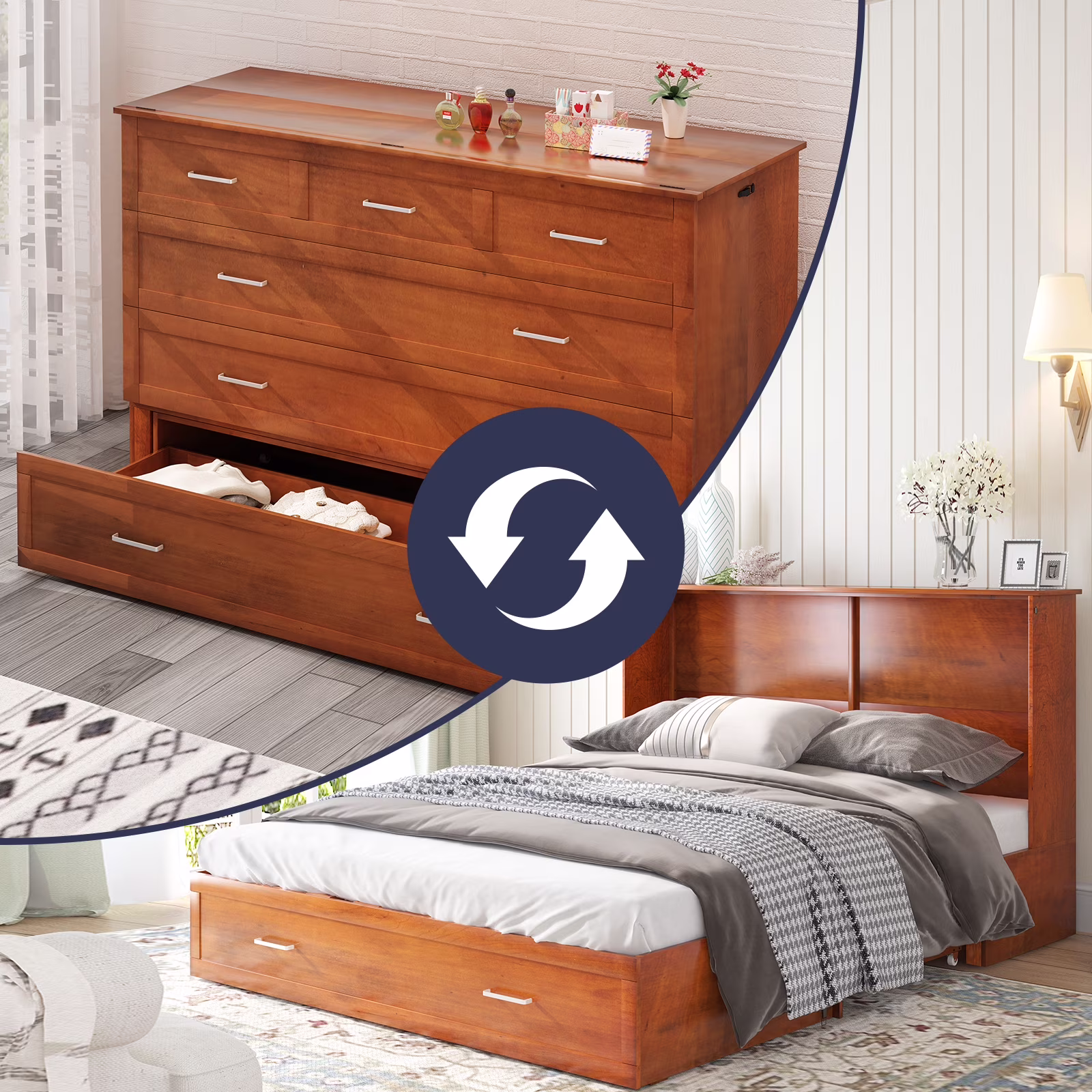 ZAFLY Murphy Cube Cabinet Bed with USB Charging Station, Murphy Bed Cabinet with Large Drawer & Folding Mattress, Queen Size Bed Frame for Guest Room/Living Room/Bedroom - Cherry