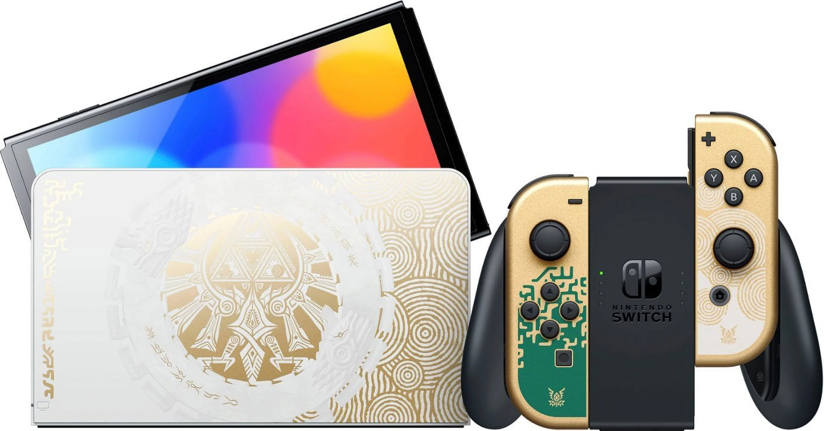 2023 Nintendo Switch OLED The Legend of Zelda: Tears of the Kingdom Limited Edition, Green & Gold Joy-Con, 64GB Console, Hylian Dock, Mytrix Brownie JoyPad & 3 Accessories: 5 in 1 Switch OLED Bundle