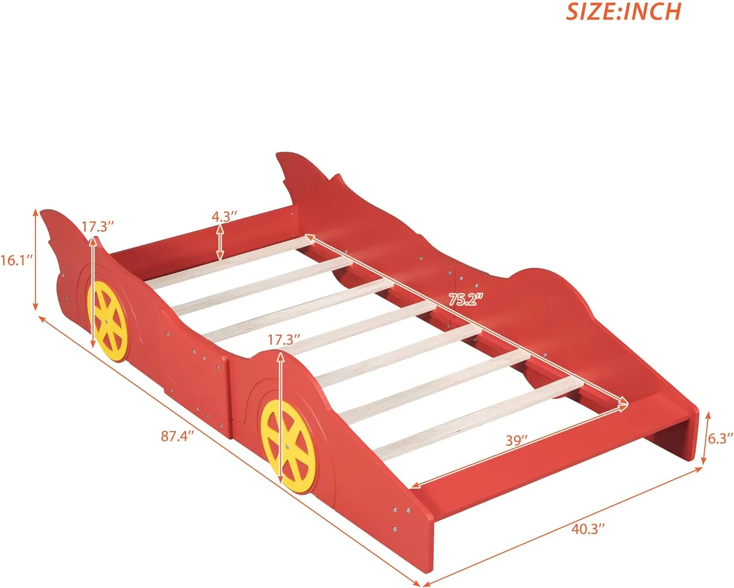 Size Race Car Shaped Platform Bed With Wheels, Wooden Platform Bed Frame With Support Slats, Car Bed Floor Bed For Kids Boys, Red