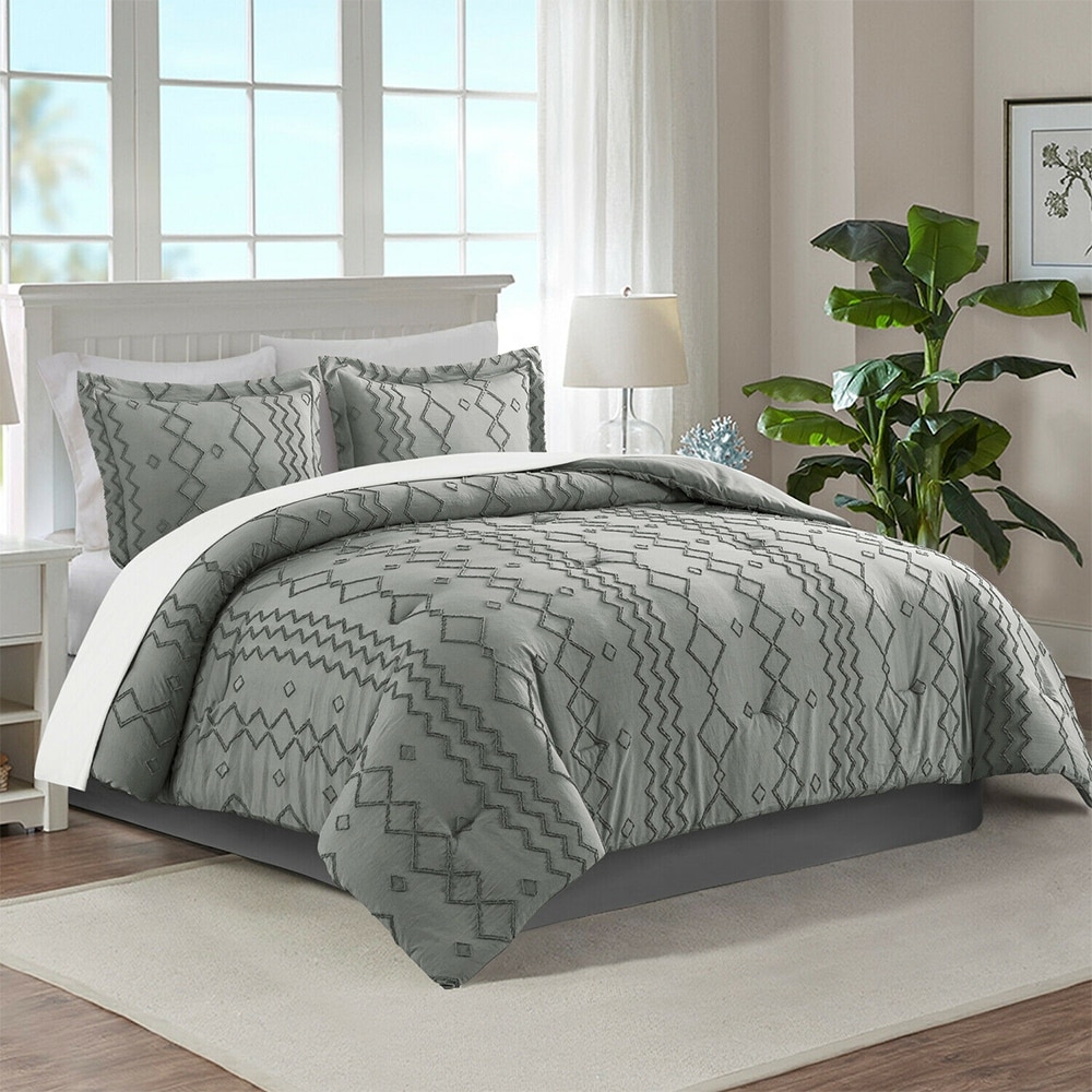 3PCS Tufted Comforter Boho Shabby Chic Geometry Twin Dark Grey