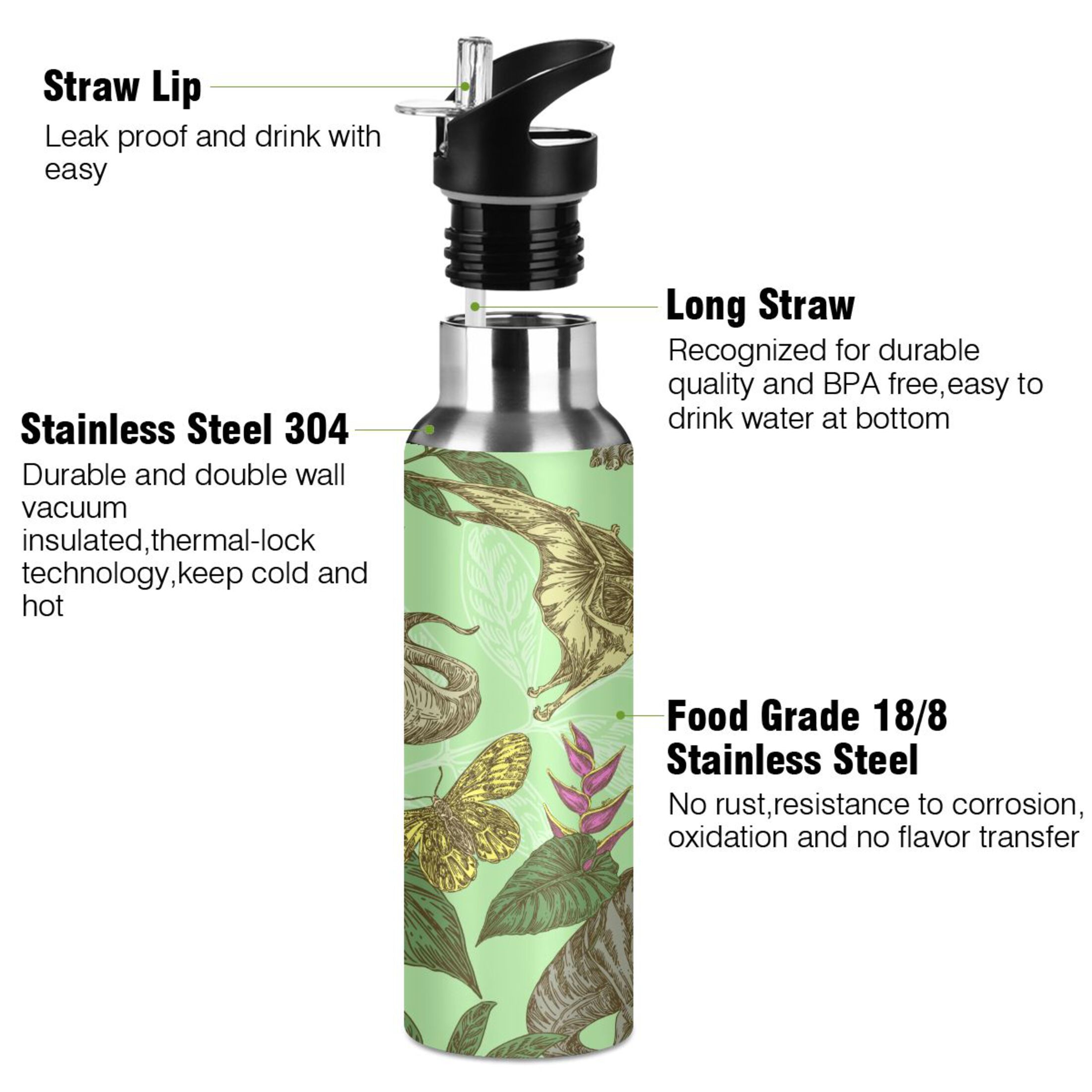 Water Bottle with Straw Lid Leak Dinosaur Butterfly Leaves Stainless Steel Insulated Thermos Vacuum Flask for Cold Hot Drinking for Sports Camping Gym Yoga