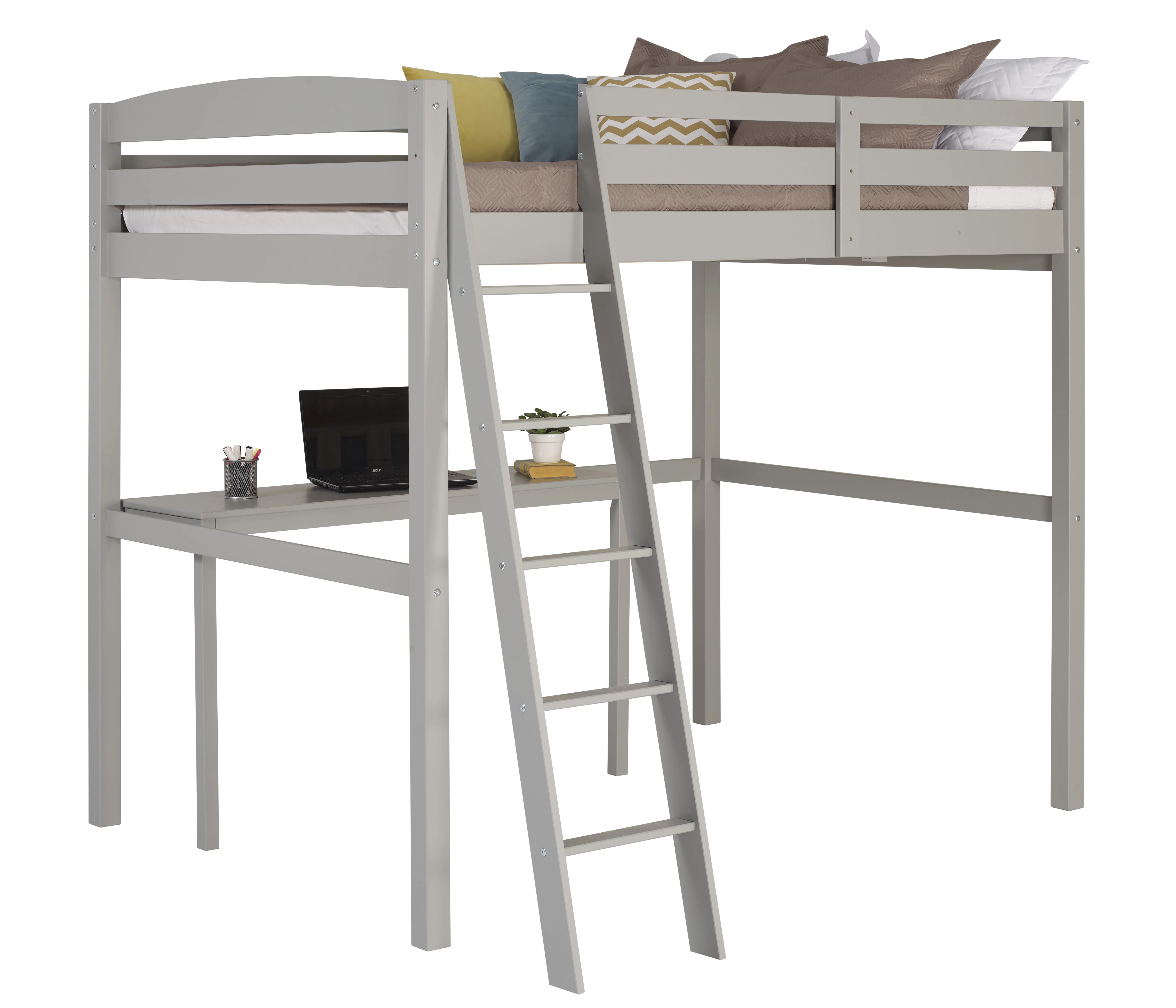 Camaflexi Tribeca Solid Pine Wood High Loft Bed Full with Desk in Gray