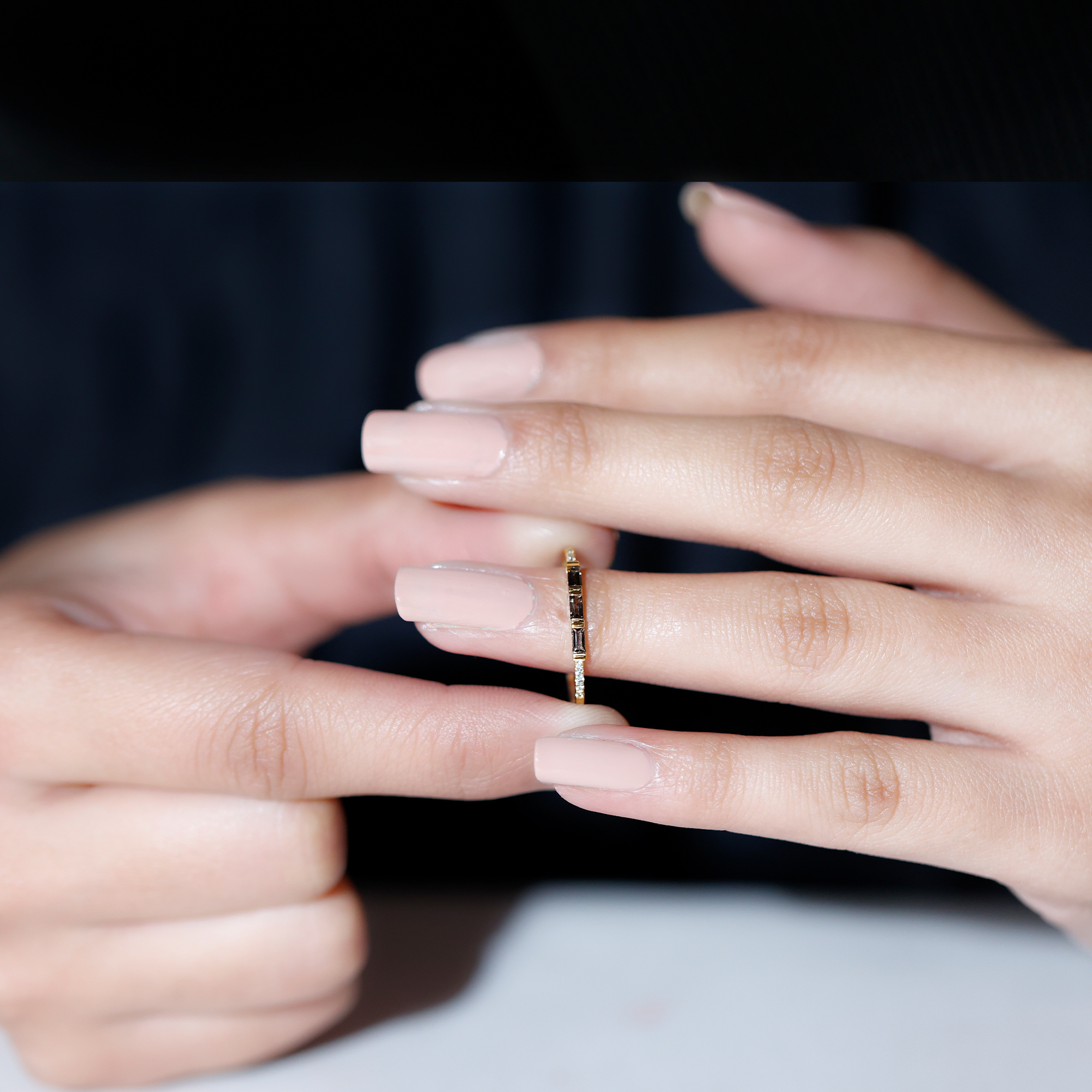 1/4 CT Bar Set Smoky Quartz and Diamond Three Stone Stackable Ring, 10K Yellow Gold, US 6.50