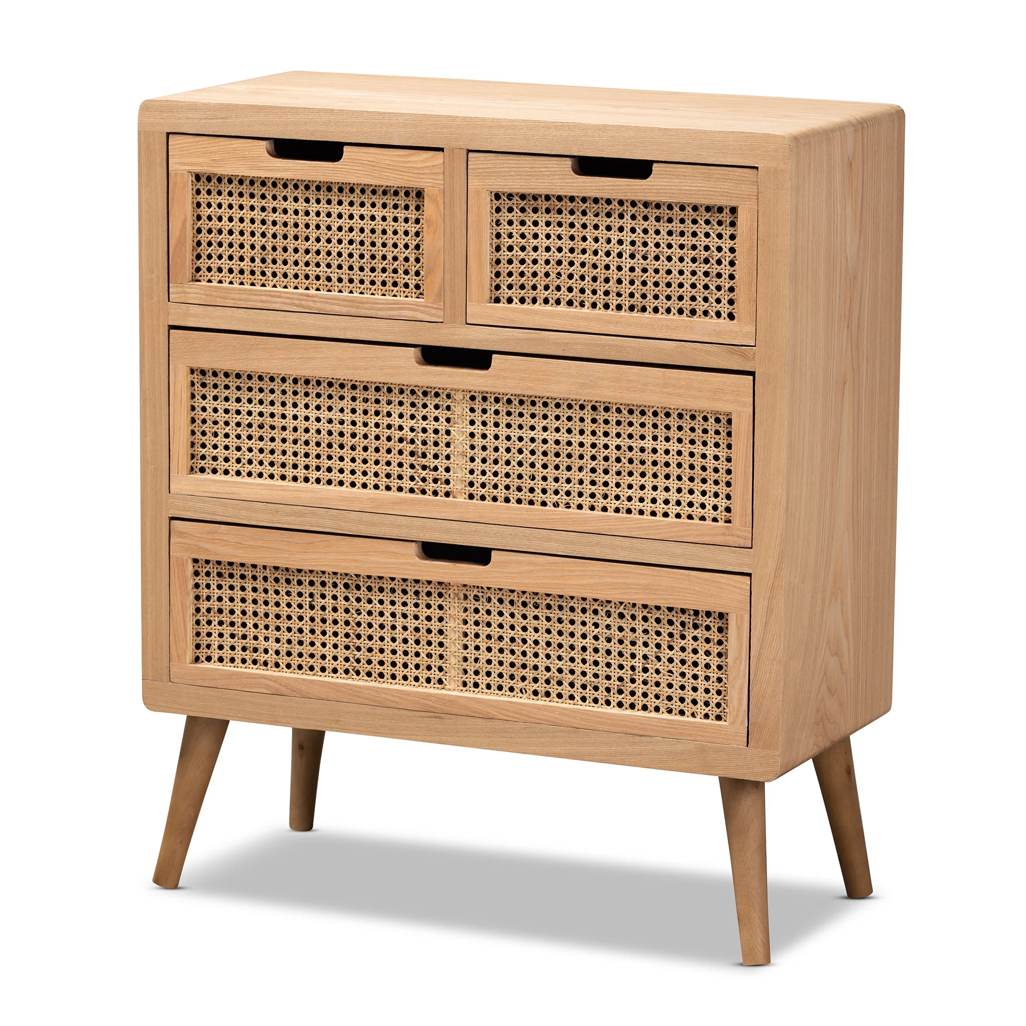 Baxton Studio Alina Mid-Century Modern Medium Oak Finished Wood and Rattan 4-Drawer Accent Chest