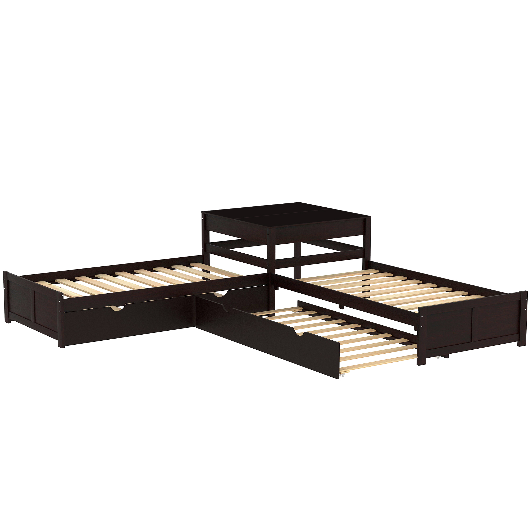 L Shaped Platform Bed with Two Trundles, Wooden Twin Corner Bed with Built-in Square Table for Kids Teens Adults