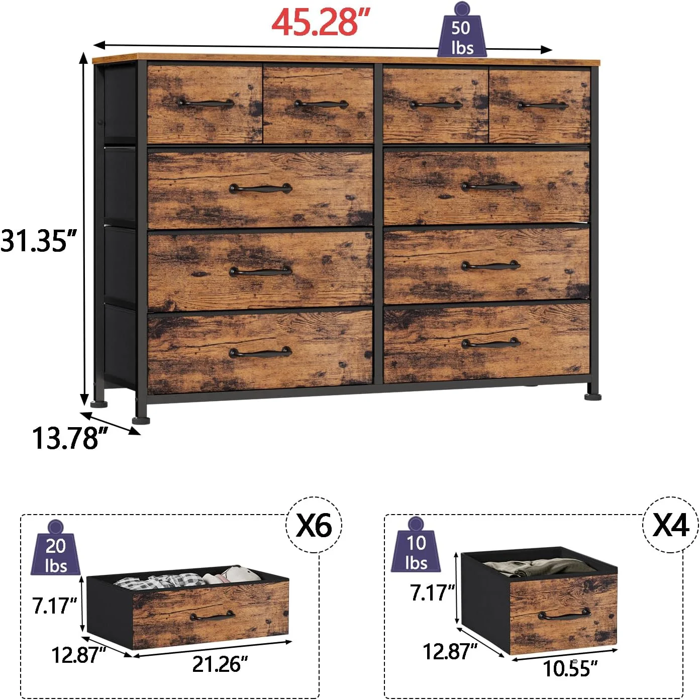JIAH White Dresser for Bedroom, 10 Drawers Dresser for 55'' Long TV Stand Entertainment Center, Storage Organizer for Closet, Living Room, Entryway, Fabric Bins, Wood Top, Metal Frame(White)