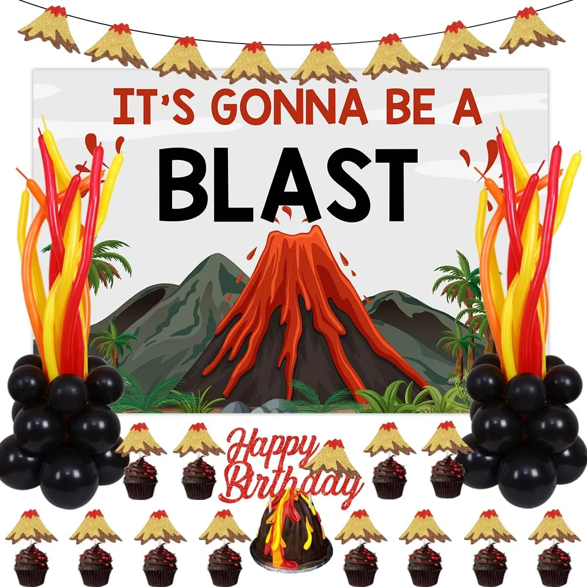 Volcano Party Decoration Hot Lava Party, It's Gonna Be A Blast Backdrop Funny Long Balloons Volcano Garland Cupcake Toppers for Volcano Theme Birthday Party Dinosaur Luau Hawaiian Tiki Party Supplies