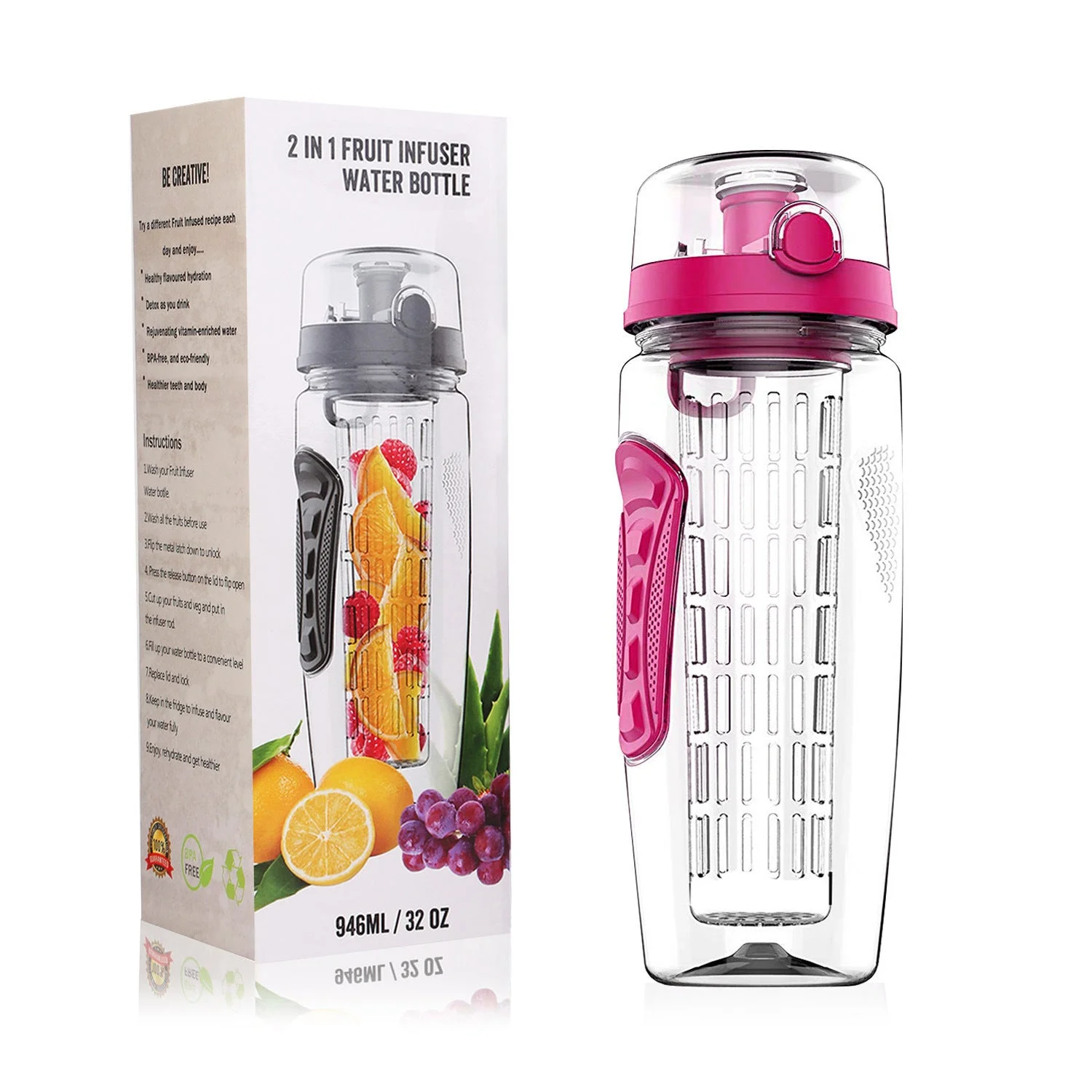 Fruit Infuser Water Bottle 32OZ Juice Shaker Sport W/ Flip Top Lid Anti-Slip Grips