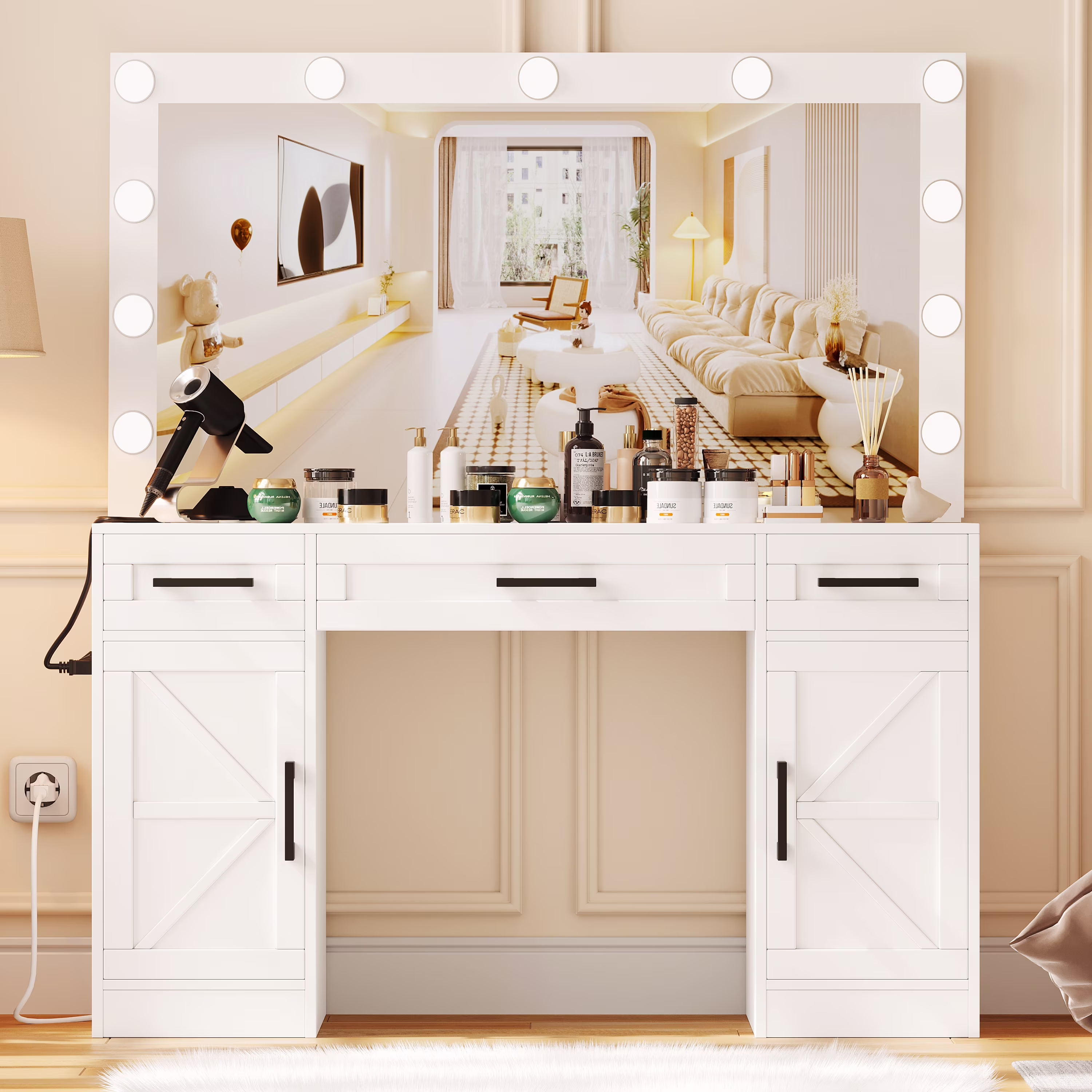 Rovaurx Farmhouse Vanity Desk with Large Lighted Mirror, Makeup Vanity with 3 Drawers and Cabinet, Vanity Table with Charging Station, 3 Color Lighting Modes, White RSZT111W