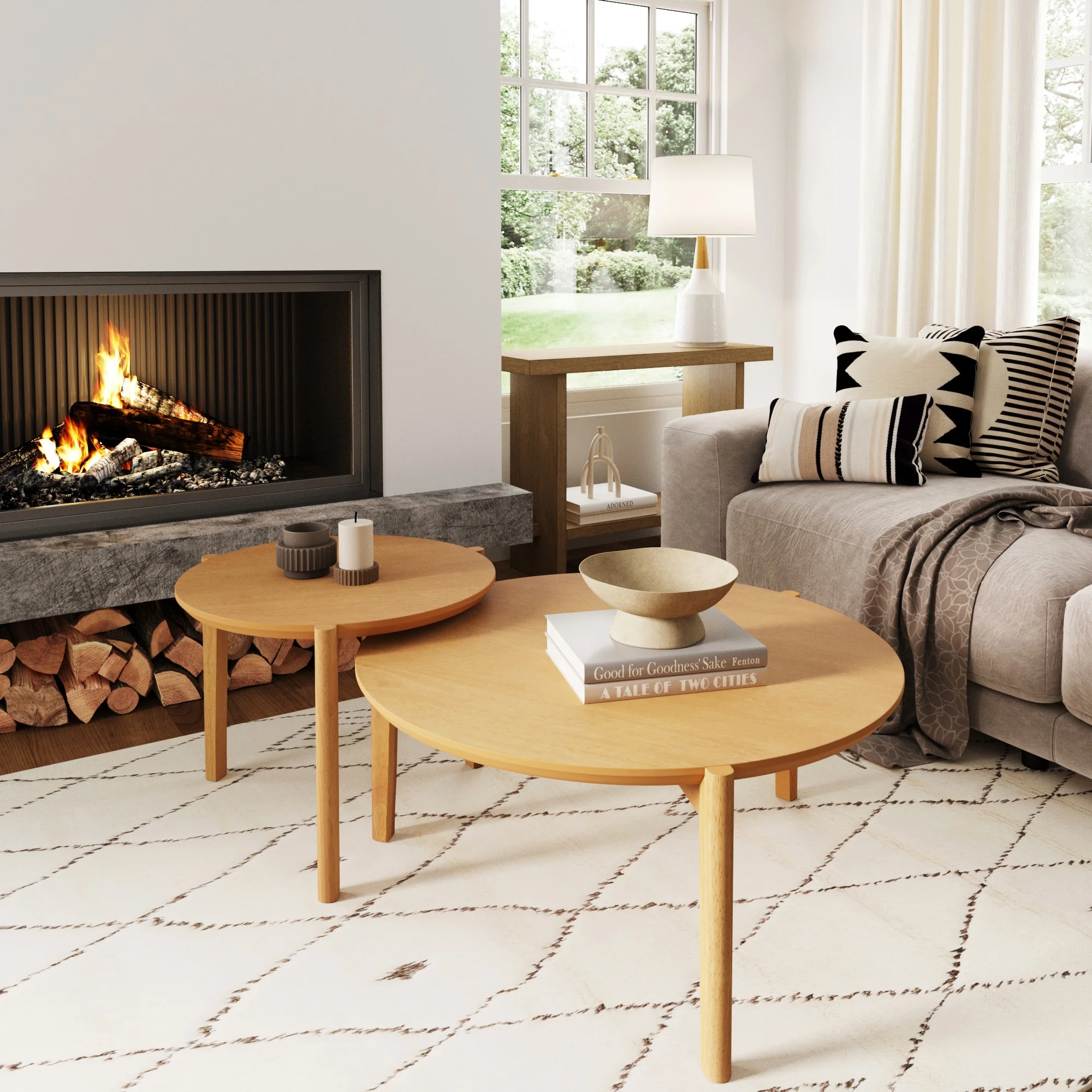 Nathan James Kendall Mid-Century Modern Round Nesting Living Room Coffee Table Set of 2, Stalking Accent Tables with Solid Wood Legs, Natural Brown