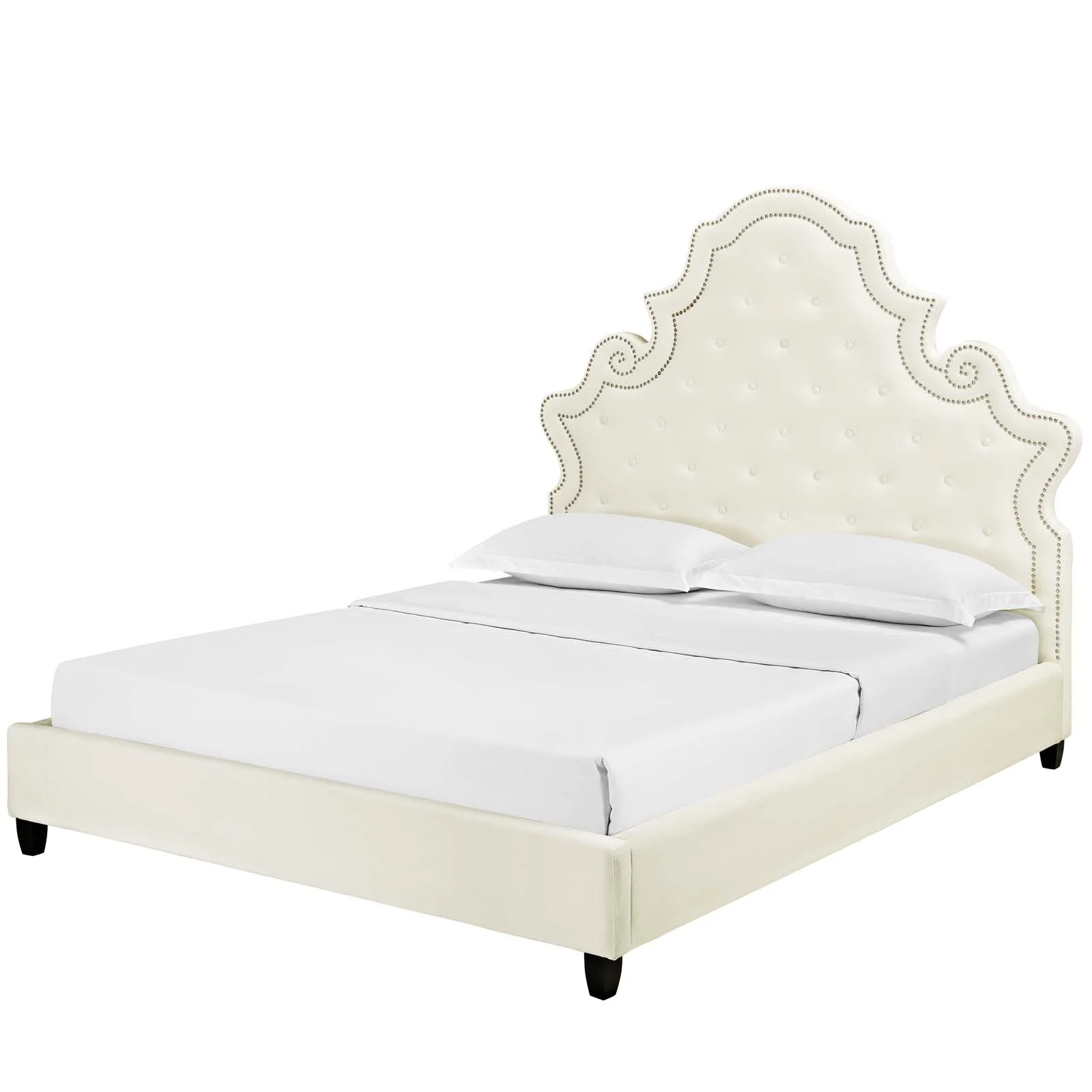Mod Uptown Classic Wood Tufted Platform Bed, Queen, Ivory White/Black