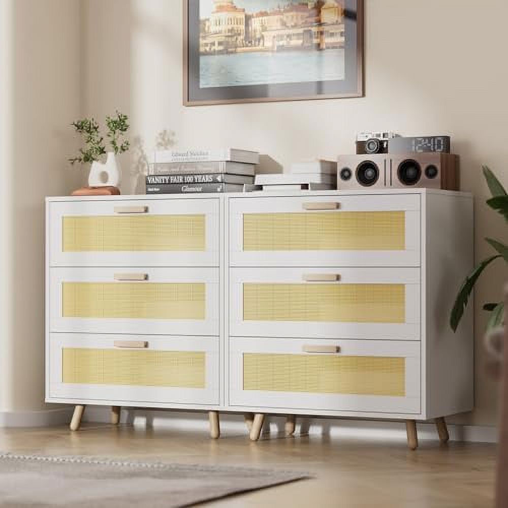 HBBOOMLIFE 3 Drawer Dresser Set of 2  Mid-Century Modern Rattan Dresser for Bedroom   Dresser with Wide Chest of Drawers for Bedroom  Black Dresser for Living Room  Nursery  Hallway  Whit