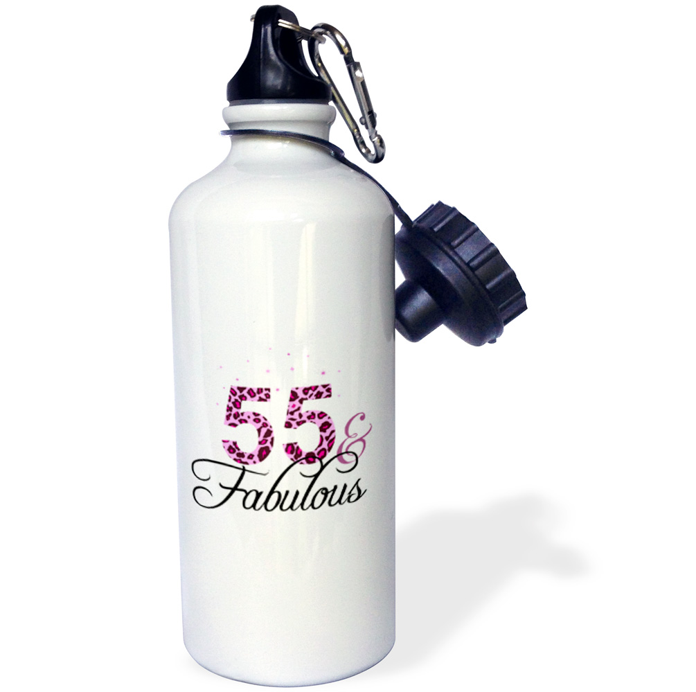 3dRose 55 and Fabulous - fun girly birthday gift - black and hot pink leopard print pattern bday diva text - Water Bottle, 21-ounce