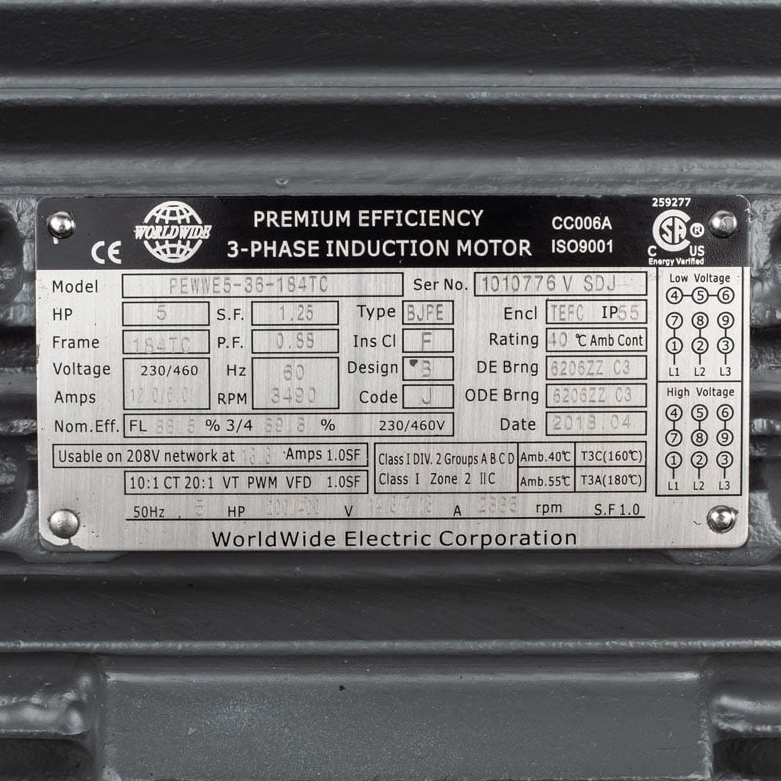 5 HP 3 Phase Electric Motor C-Face 3600 RPM 184TC TEFC 230/460 Volt Severe Duty