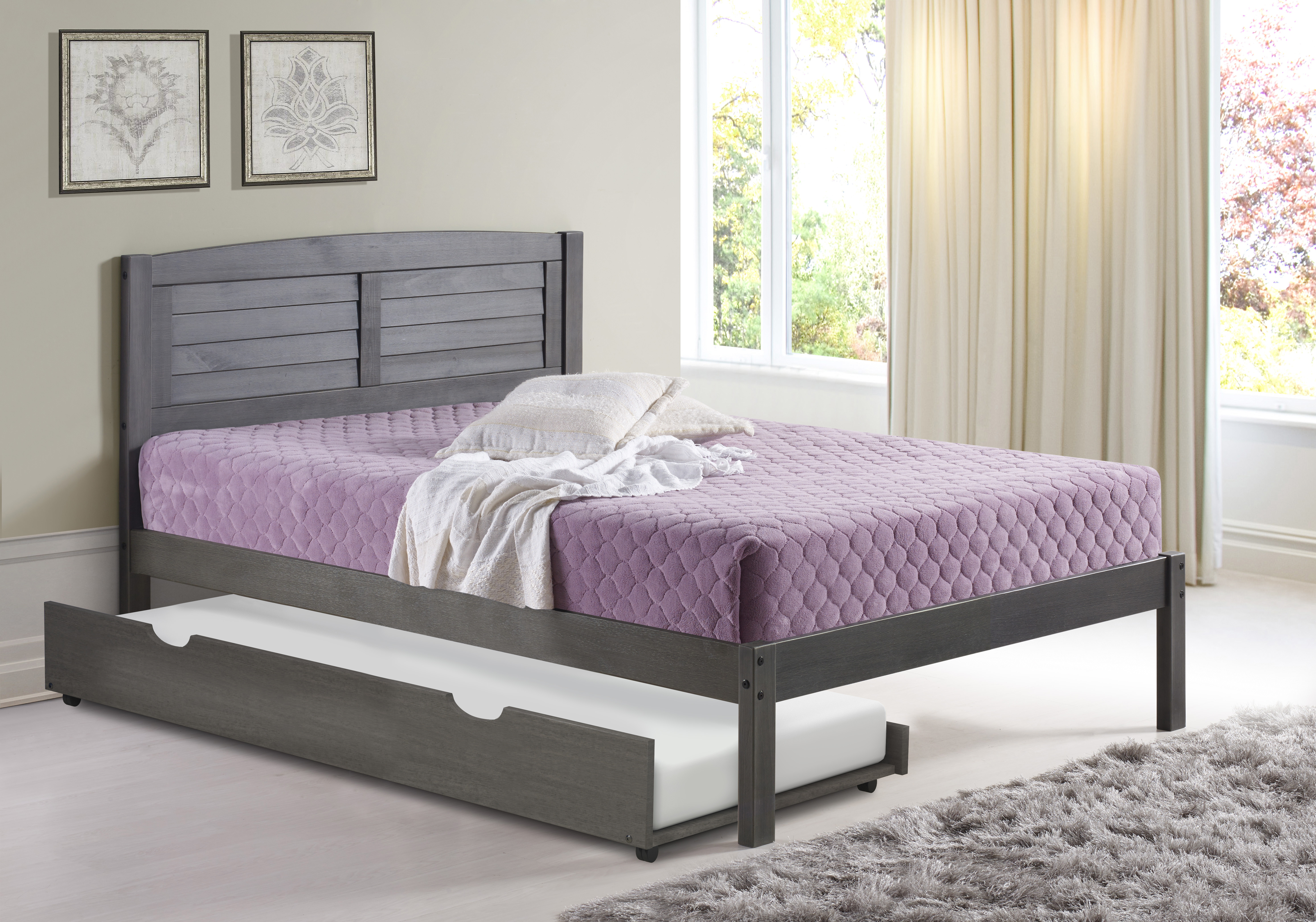 Donco Kids Louver Full Soild Wood Panel Bed with Trundle in Antique Gray
