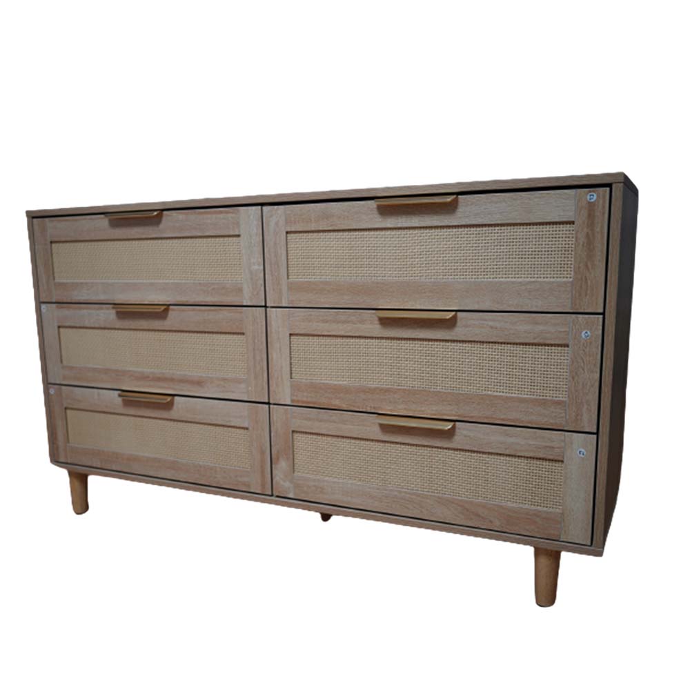 JOLLY JAUNTS 6 Drawer Dresser, Spacious Chest of Drawers with Gold Handles, Natural Wood Drawer Chest for Bedroom, Living Room, Hallway