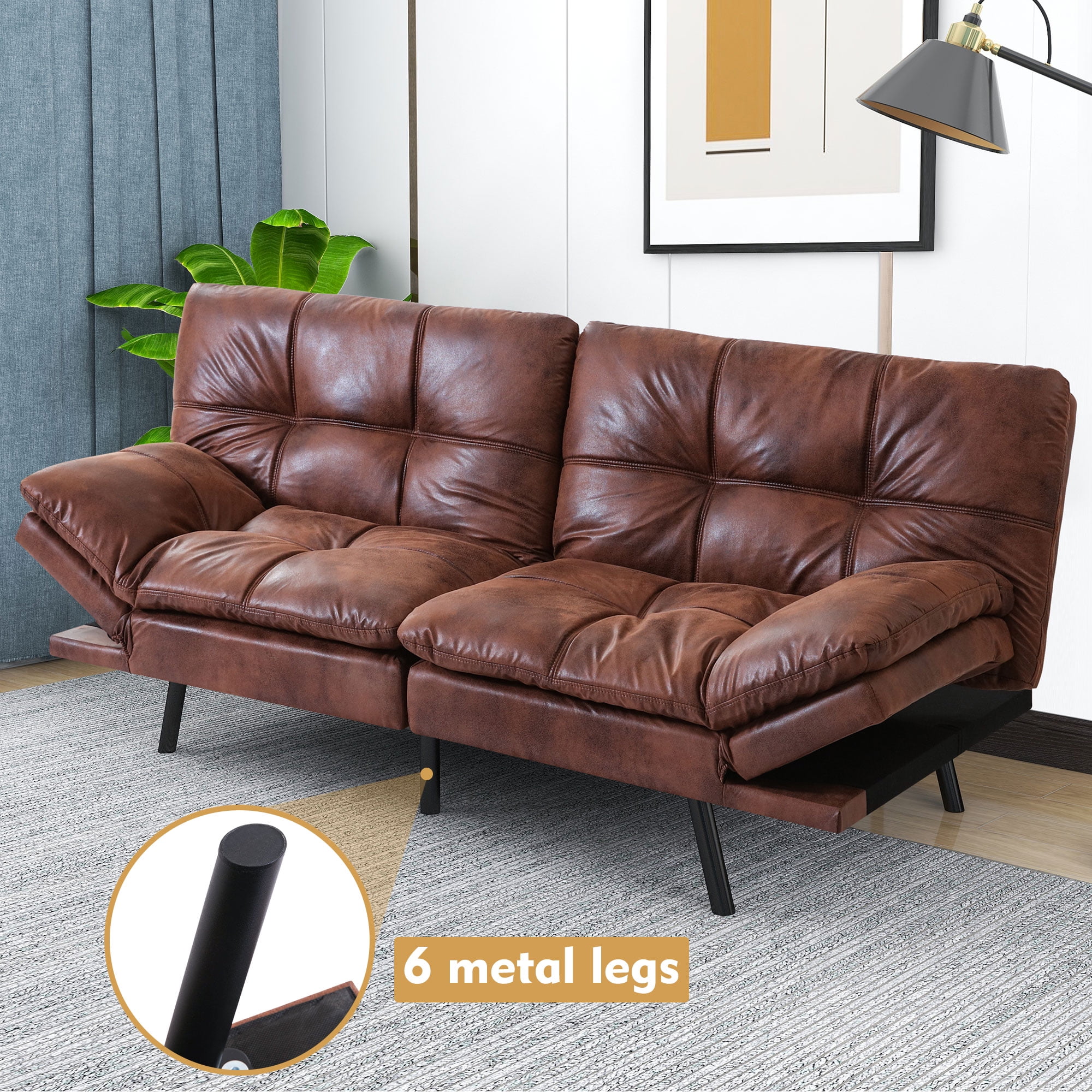 Airdown Sofa, with Armrests And Metal Legs, Convertible Futon Sofa Bed, Brown