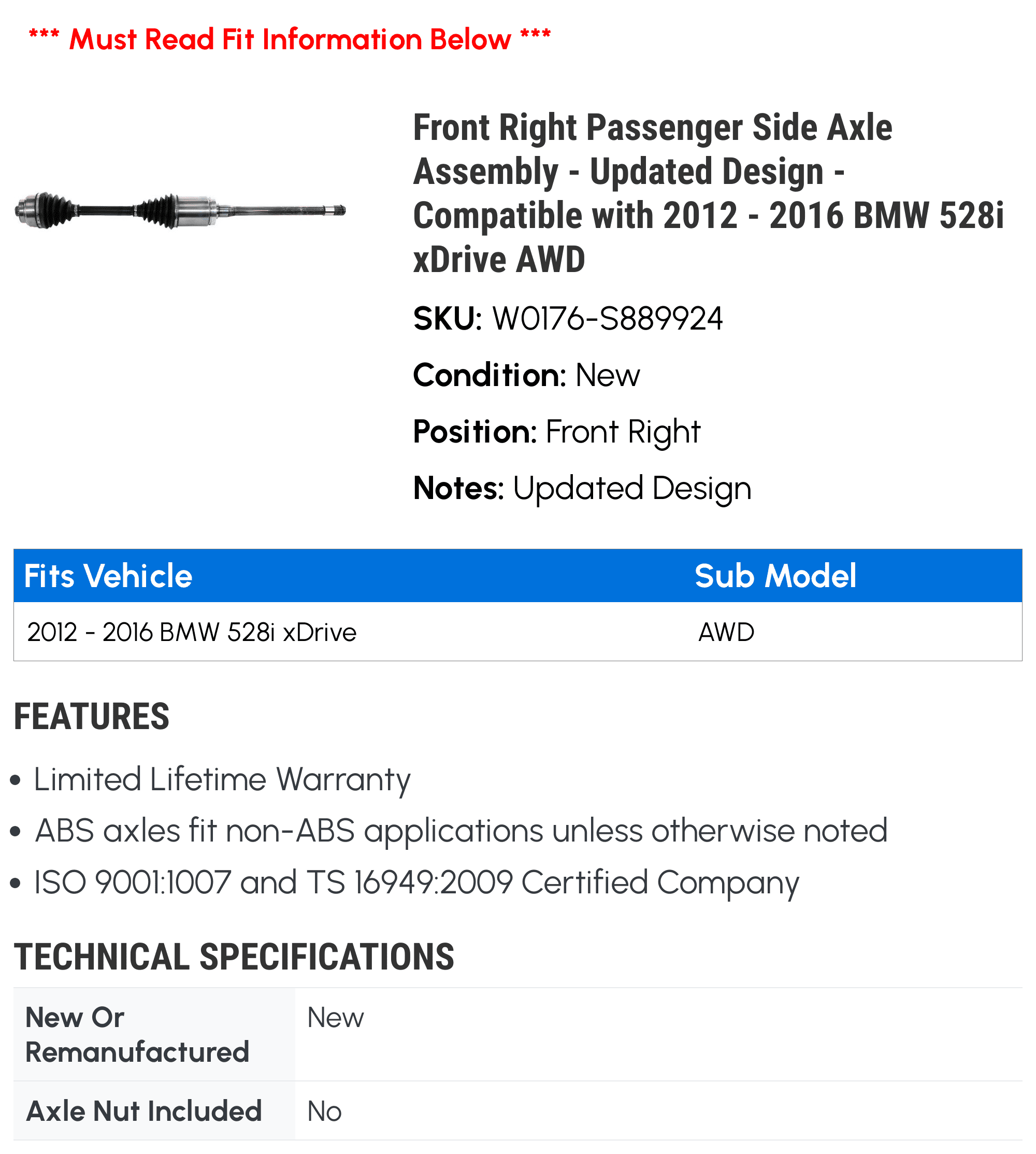 Front Right Passenger Side Axle Assembly - Updated Design - Compatible with 2012 - 2016 BMW 528i xDrive AWD 2013 2014 2015