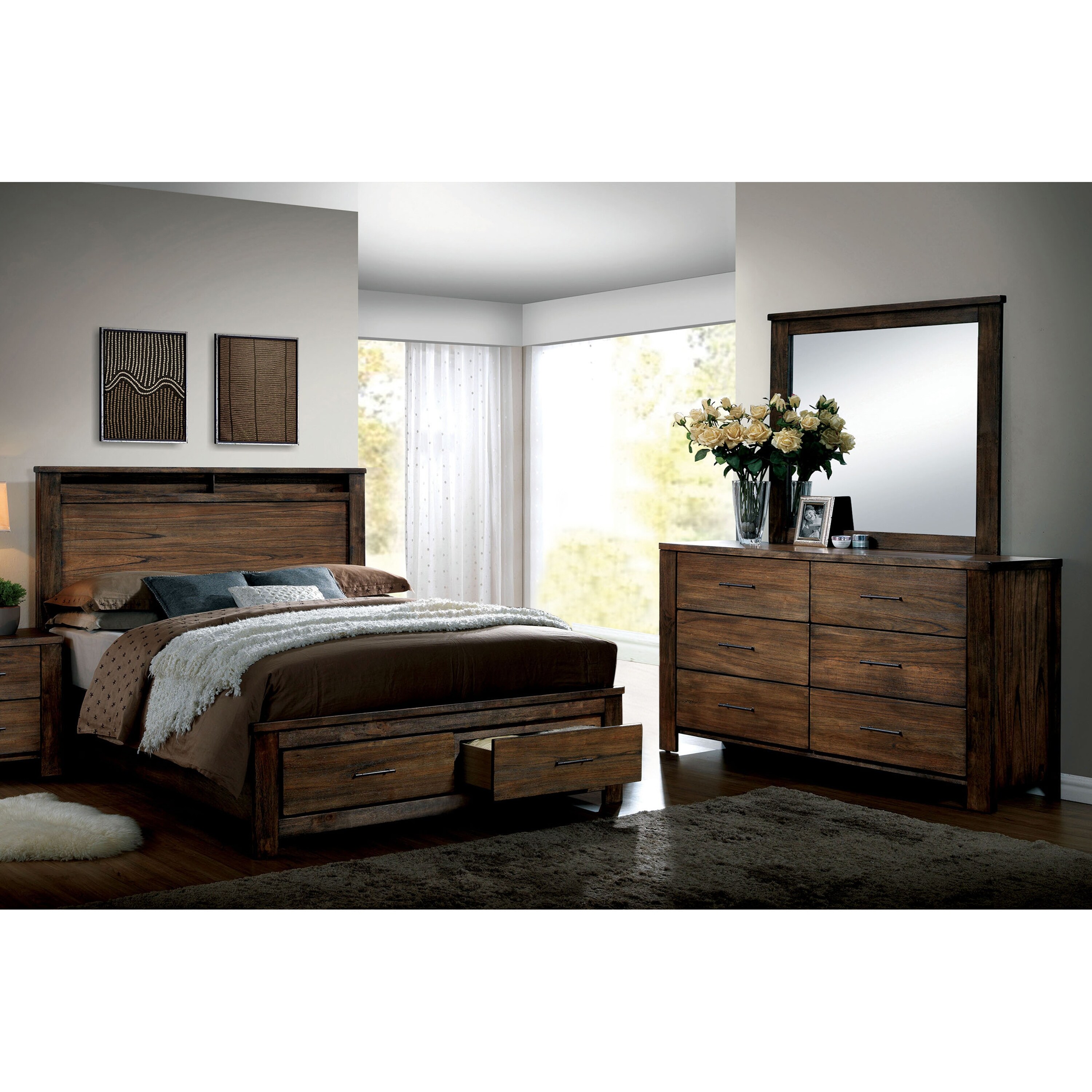 Furniture of America Slyvester Rustic Brown Cal King Wood 2-Piece Storage Platform Bed Set by