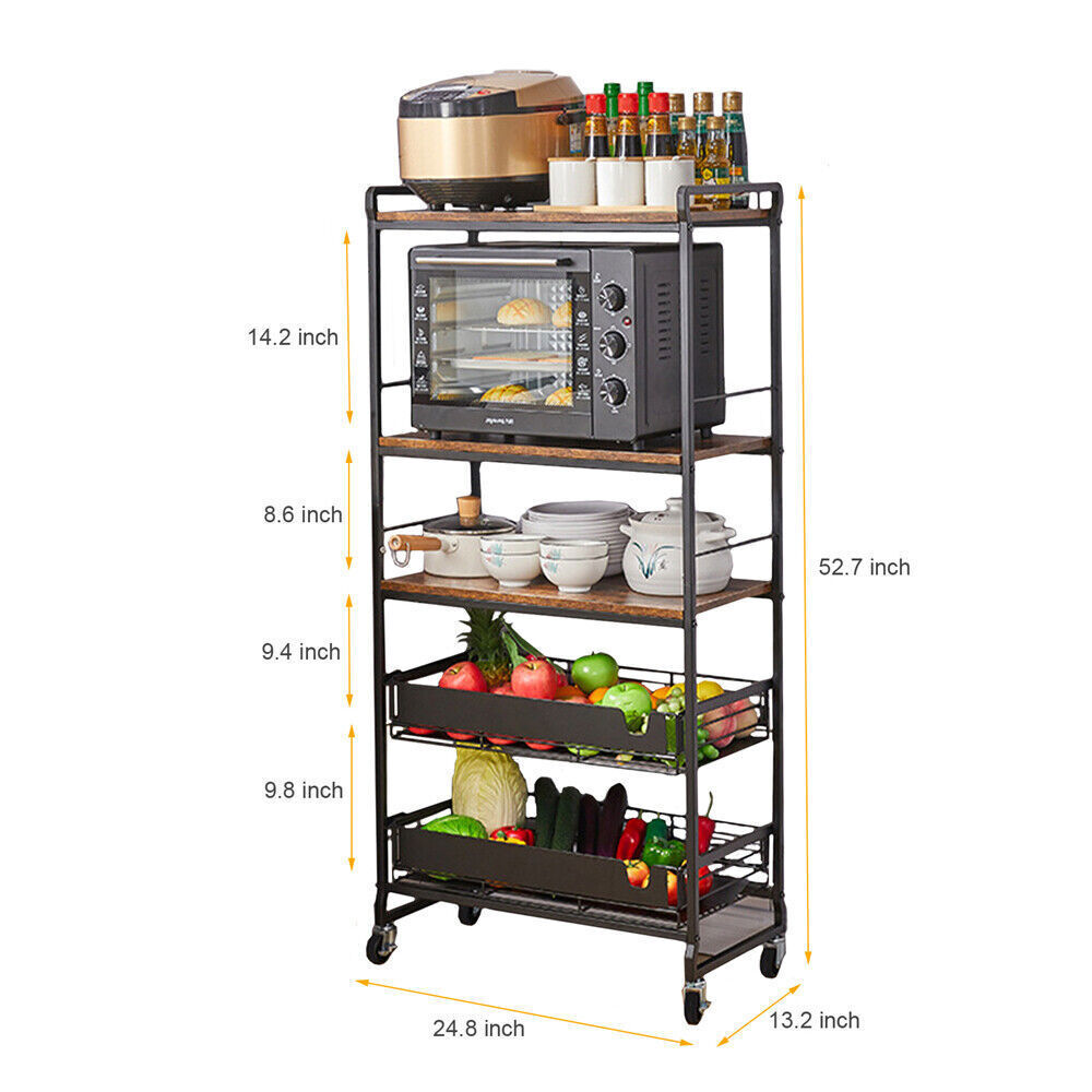 5-Tier Movable Bakers Racks Microwave Cart fit Kitchens  Heavy Duty Appliances